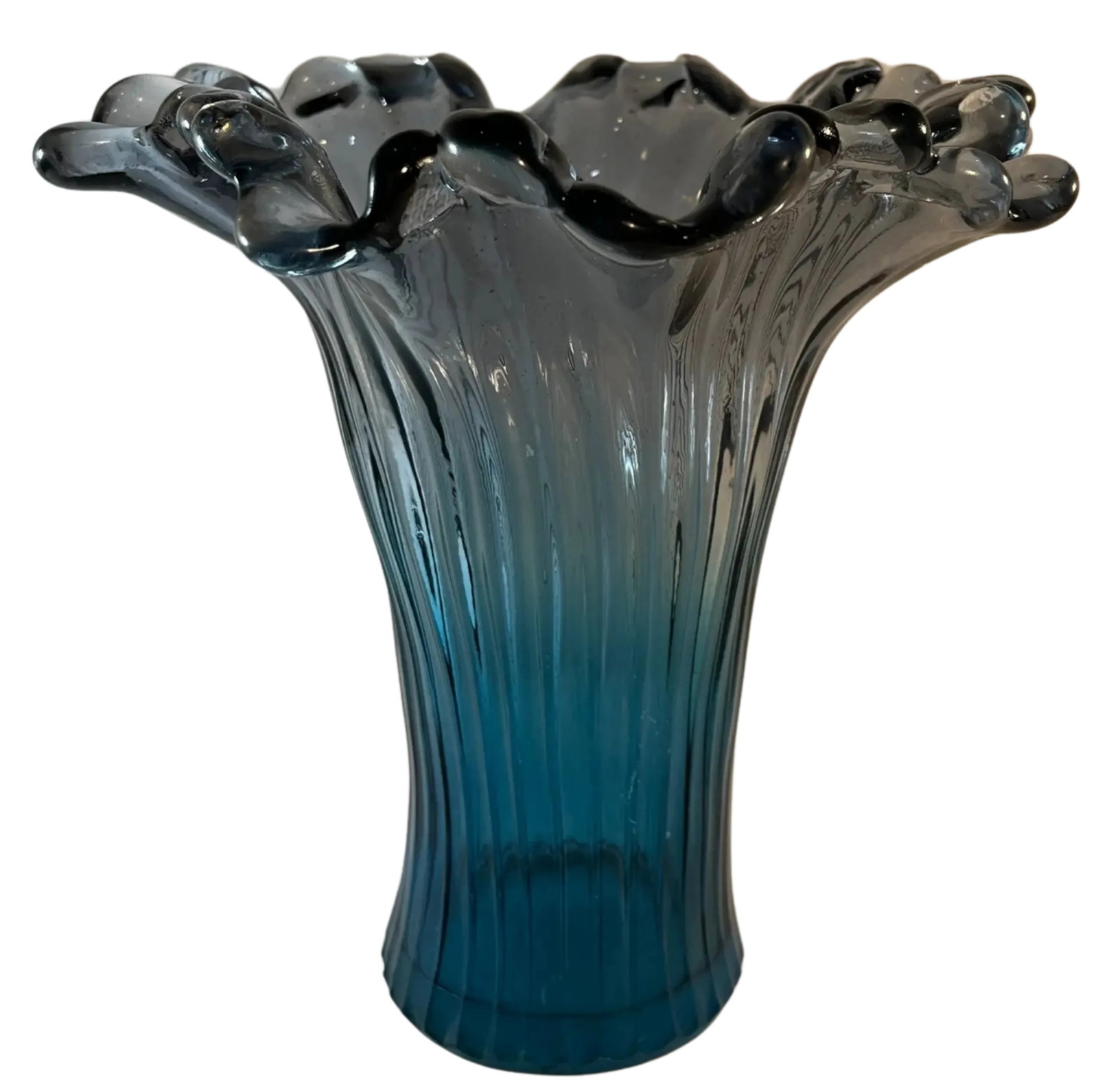 Murano Art Glass Teal Ribbed Trumpet Vase - 8