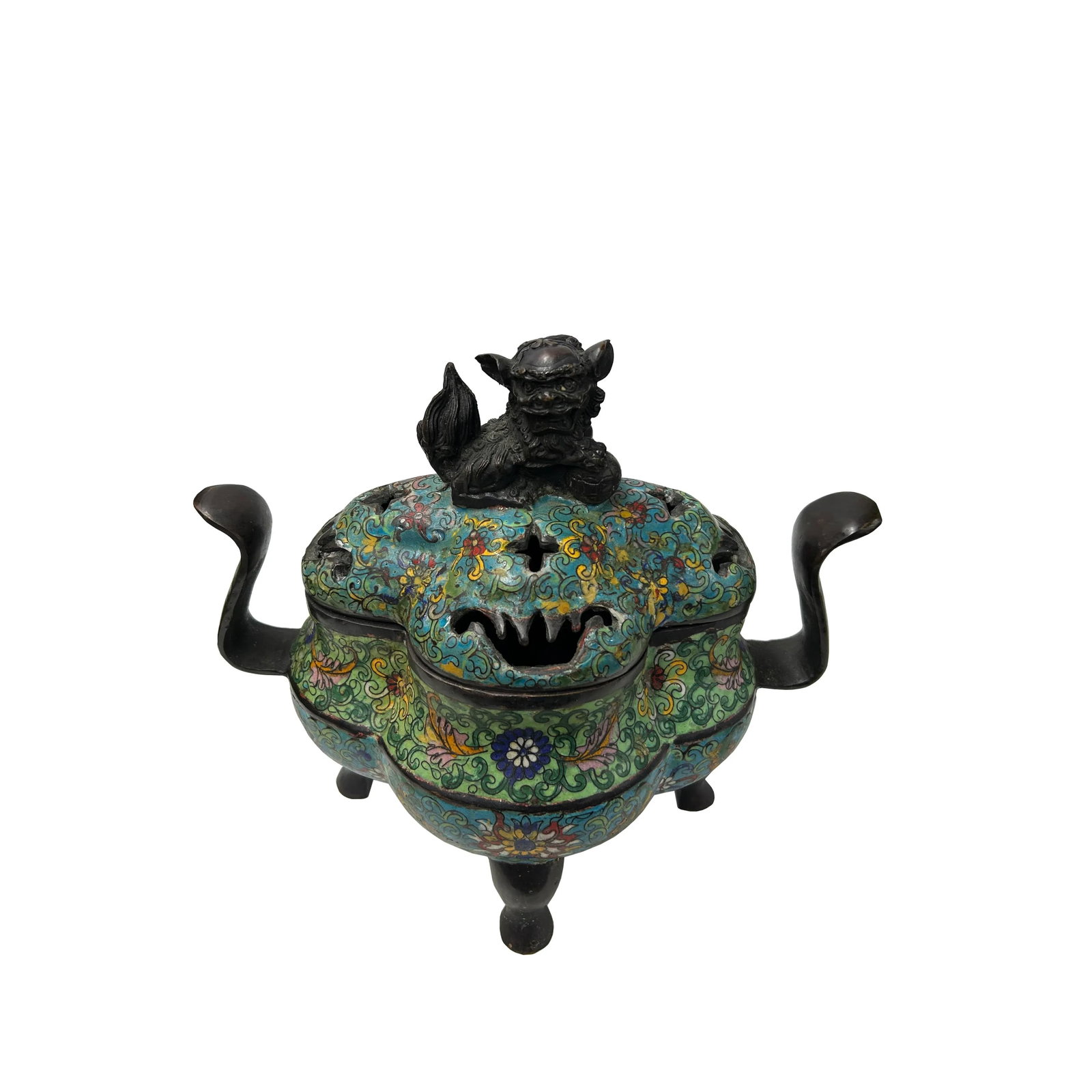 Vintage Enamel Metal Quatrefoil Ding Shape Incense Burner Display Art - 3