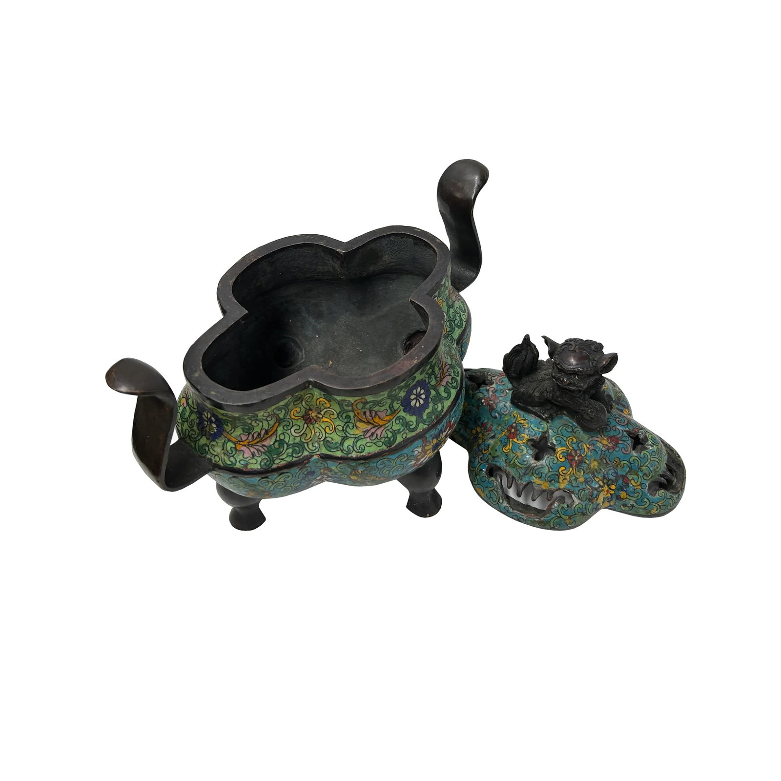 Vintage Enamel Metal Quatrefoil Ding Shape Incense Burner Display Art - 4