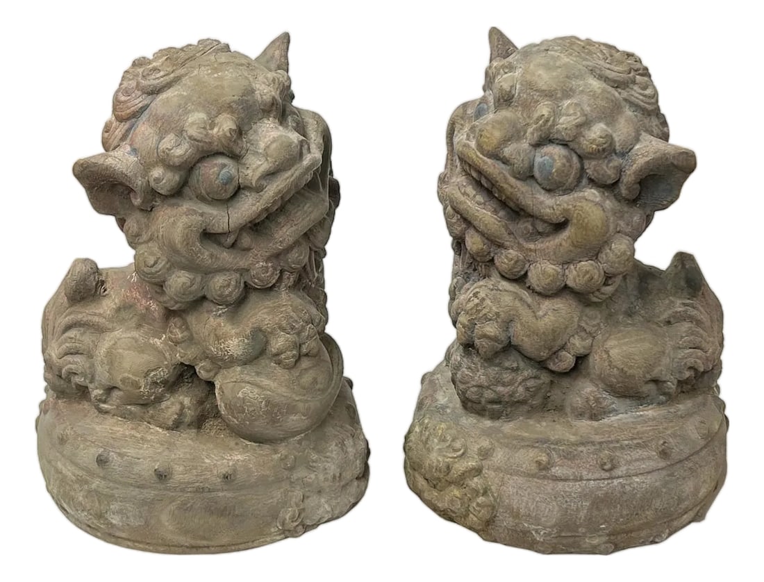 Pair Rustic Chinese Wood Foo Dog Lion Round Base FengShui Figures: This exquisite pair of vintage raw wood Foo Dog figures offers a captivating glimpse into ancient Chinese artistry and symbolism. Each figure, meticulously carved with intricate details, embodies the