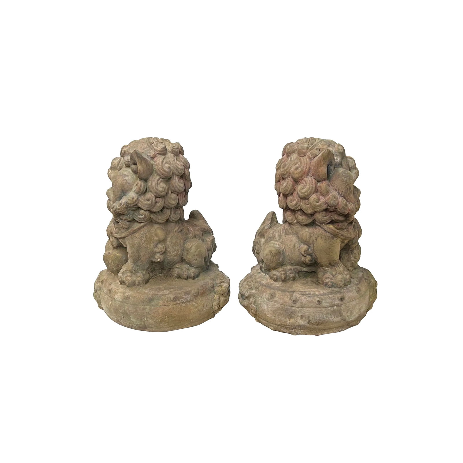 Pair Rustic Chinese Wood Foo Dog Lion Round Base FengShui Figures - 2