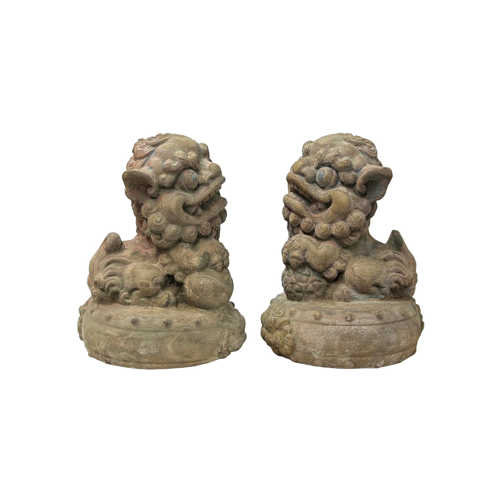 Pair Rustic Chinese Wood Foo Dog Lion Round Base FengShui Figures - 3