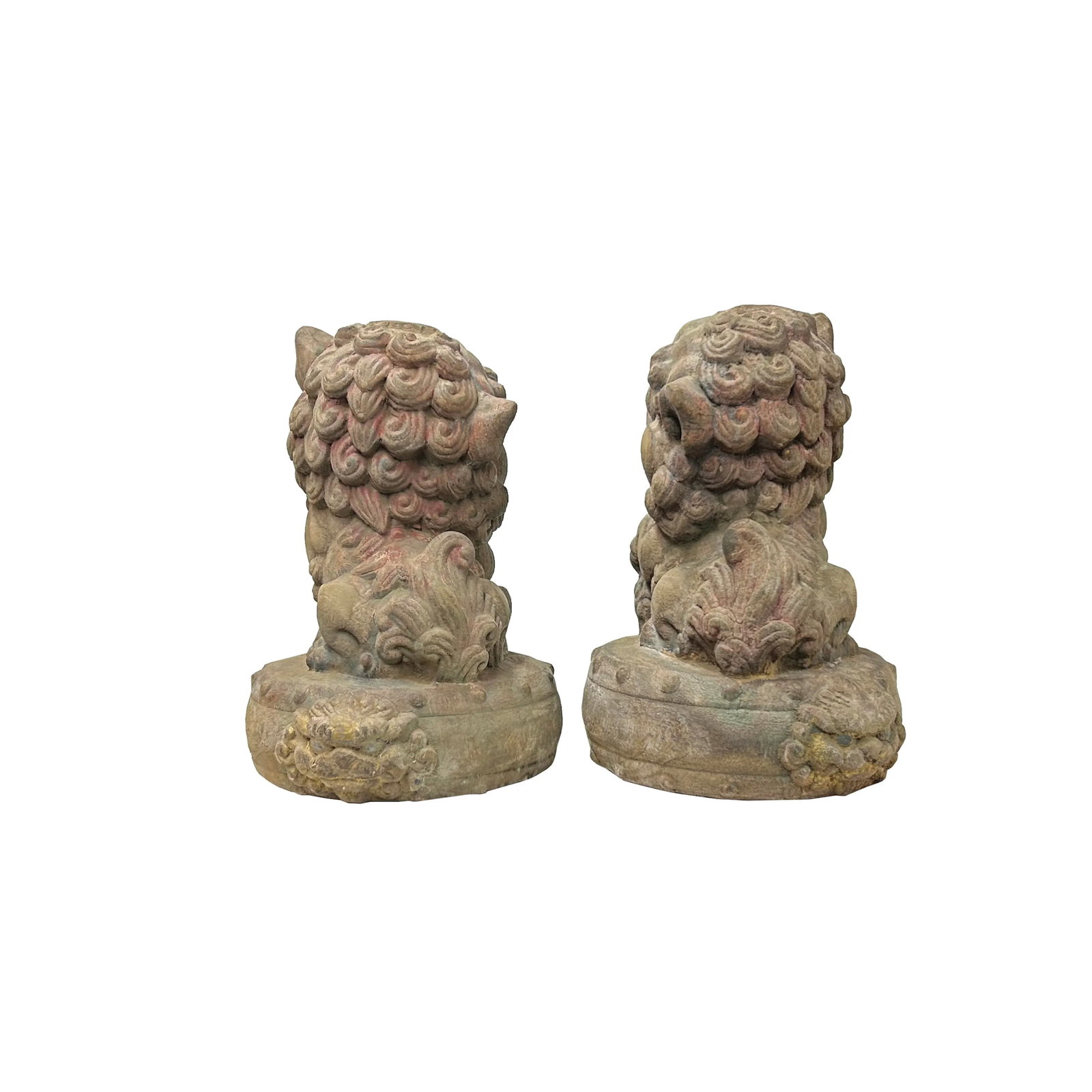 Pair Rustic Chinese Wood Foo Dog Lion Round Base FengShui Figures - 4