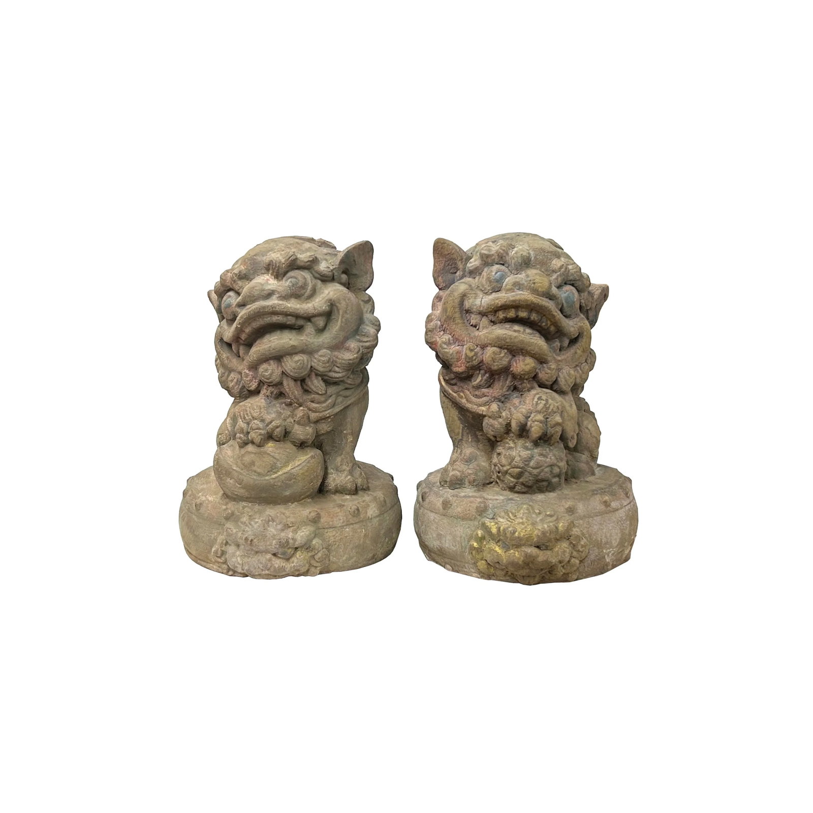 Pair Rustic Chinese Wood Foo Dog Lion Round Base FengShui Figures - 5