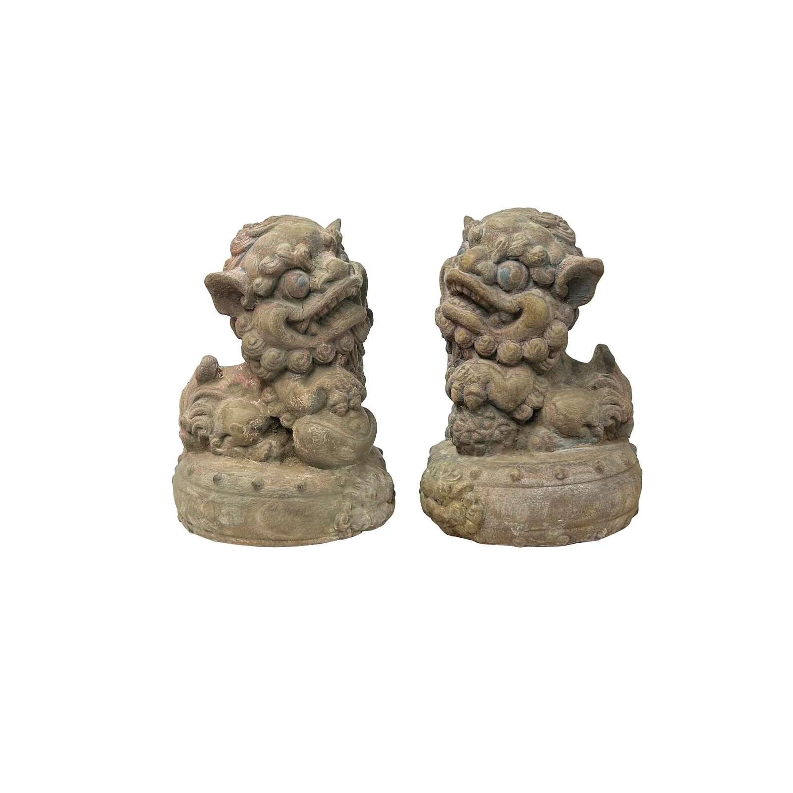 Pair Rustic Chinese Wood Foo Dog Lion Round Base FengShui Figures - 6