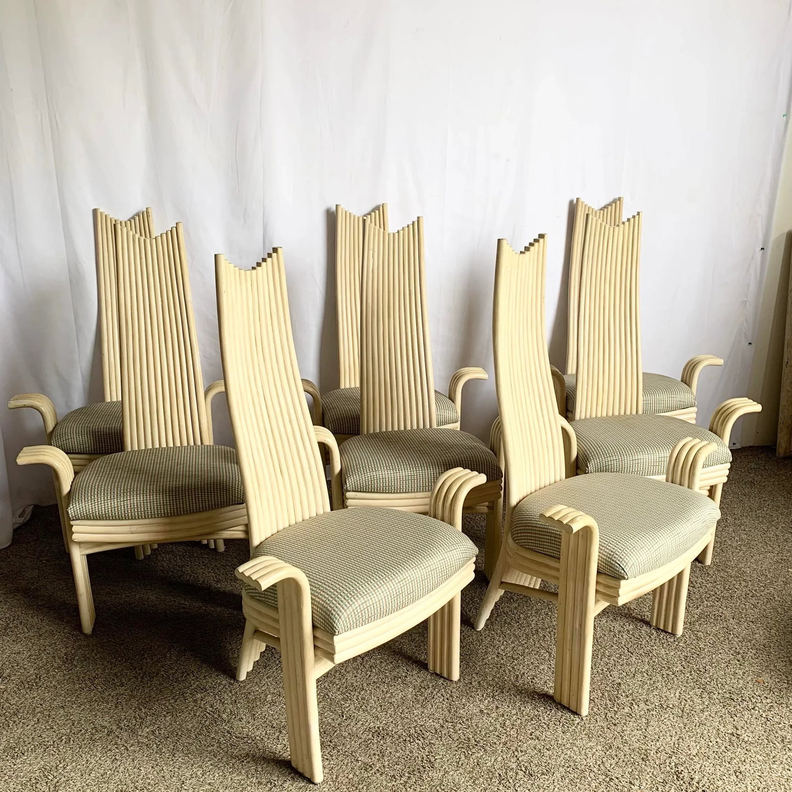 Vintage Boho Coastal Sculpted Blonde Rattan High Back Dining Arm Chairs - Set of 8 - 2