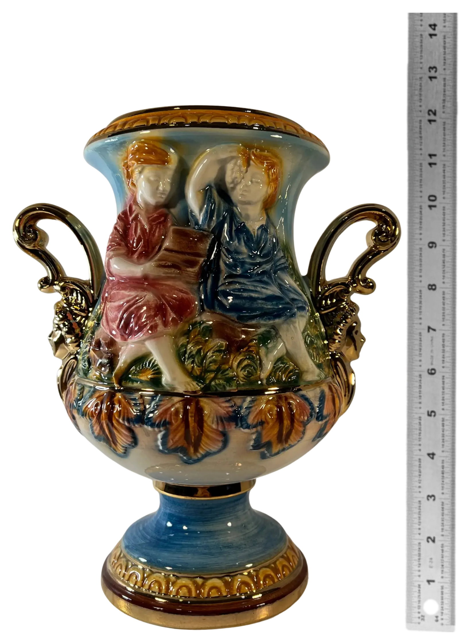 Capodimonte Porcelain Double Handled Urn Vase Boy and Girl - 17