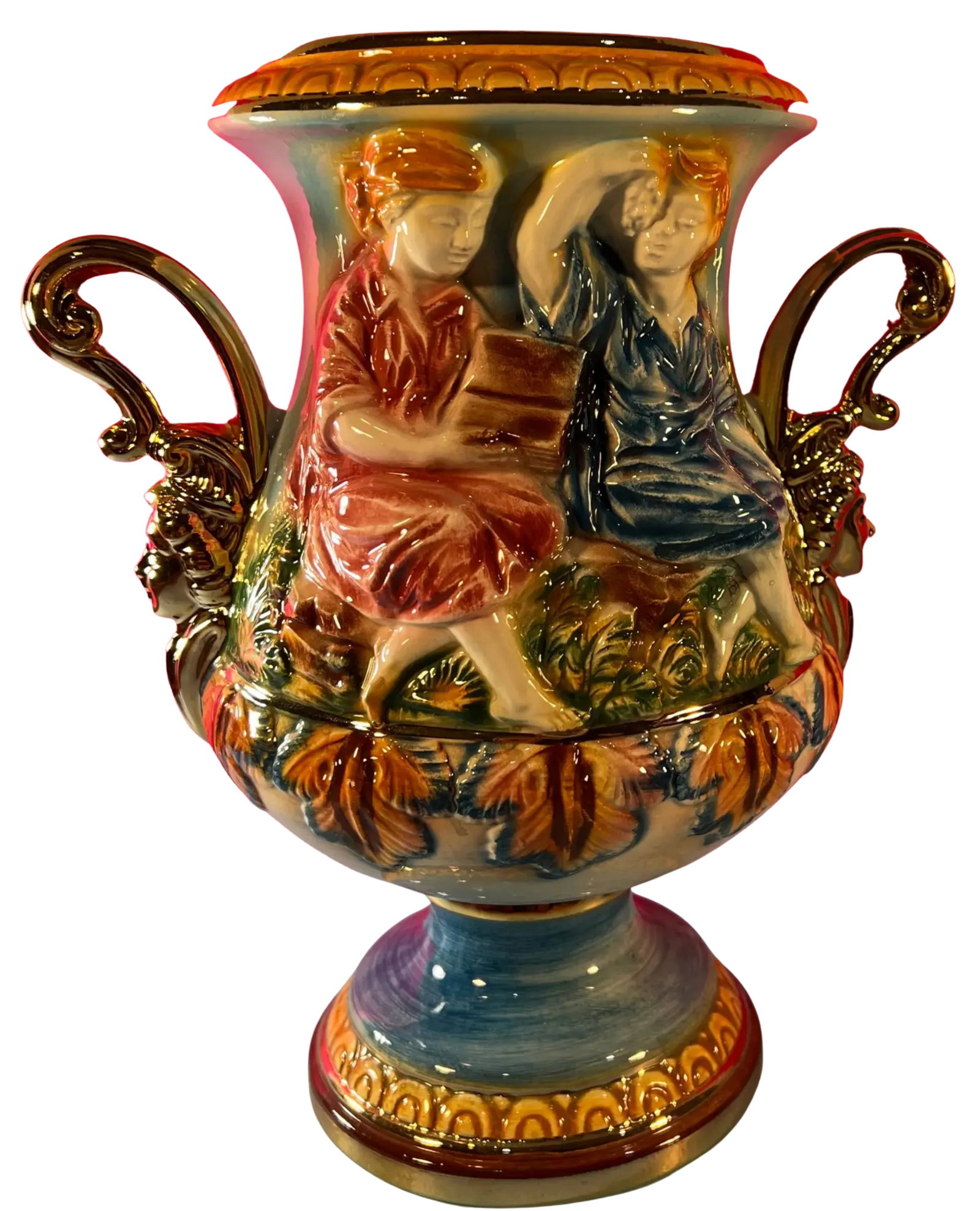 Capodimonte Porcelain Double Handled Urn Vase Boy and Girl - 5