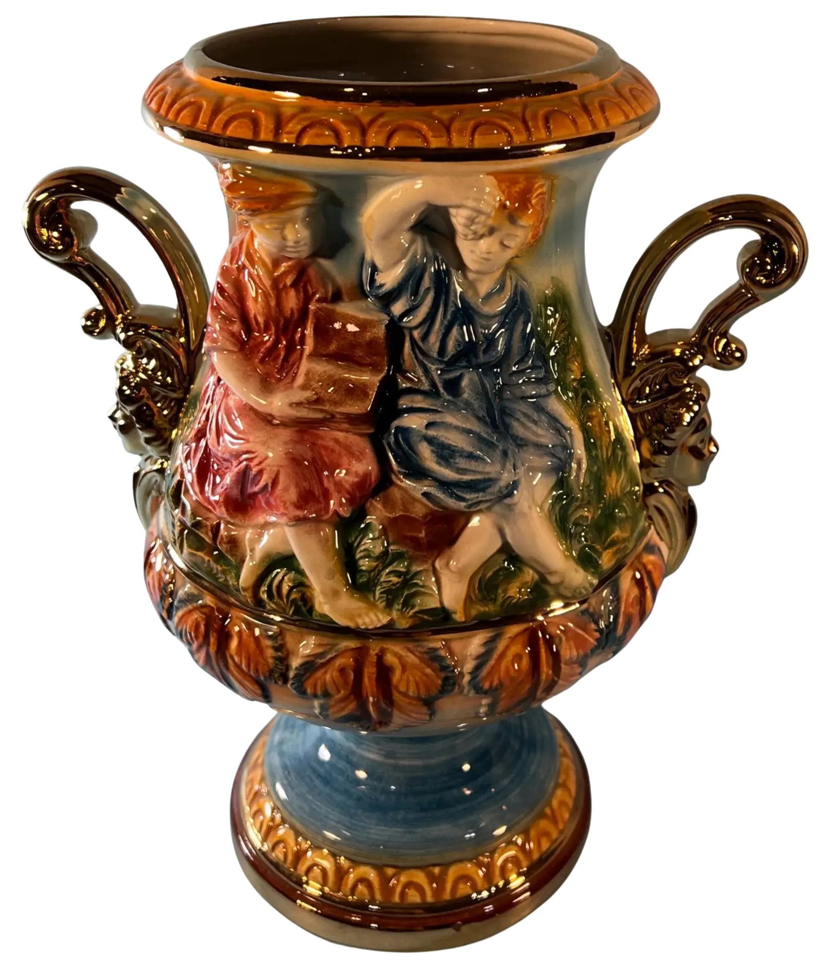 Capodimonte Porcelain Double Handled Urn Vase Boy and Girl - 7