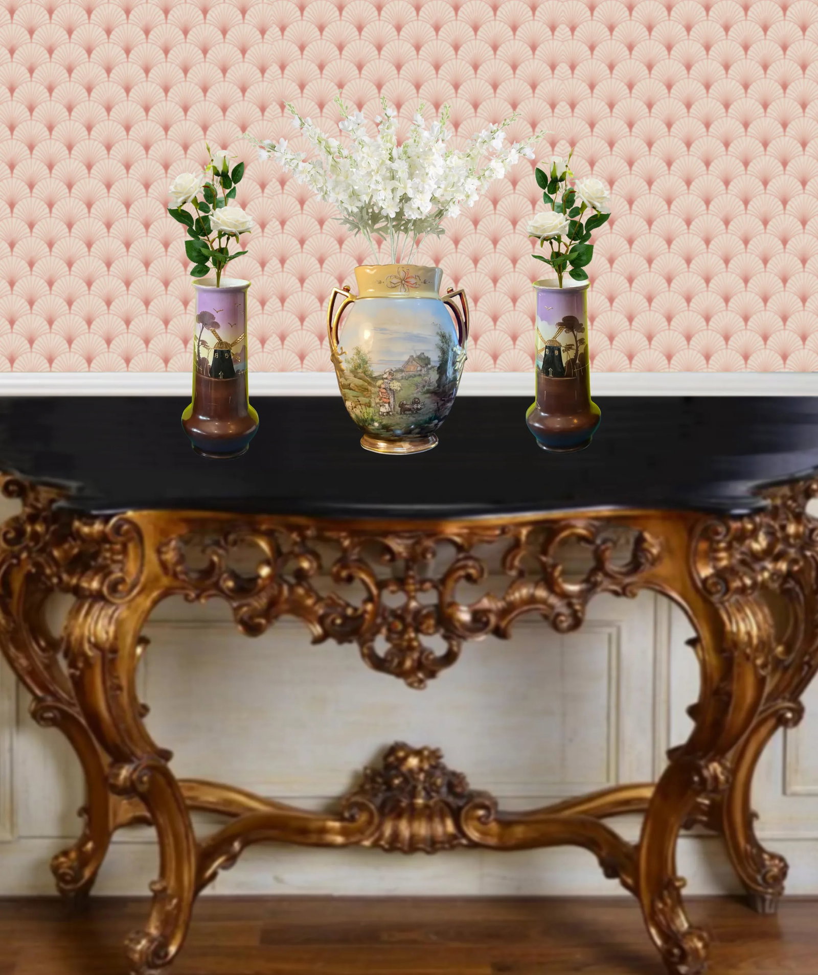 Antique Porcelain Floral and Windmill Vases Set of 3 - 11
