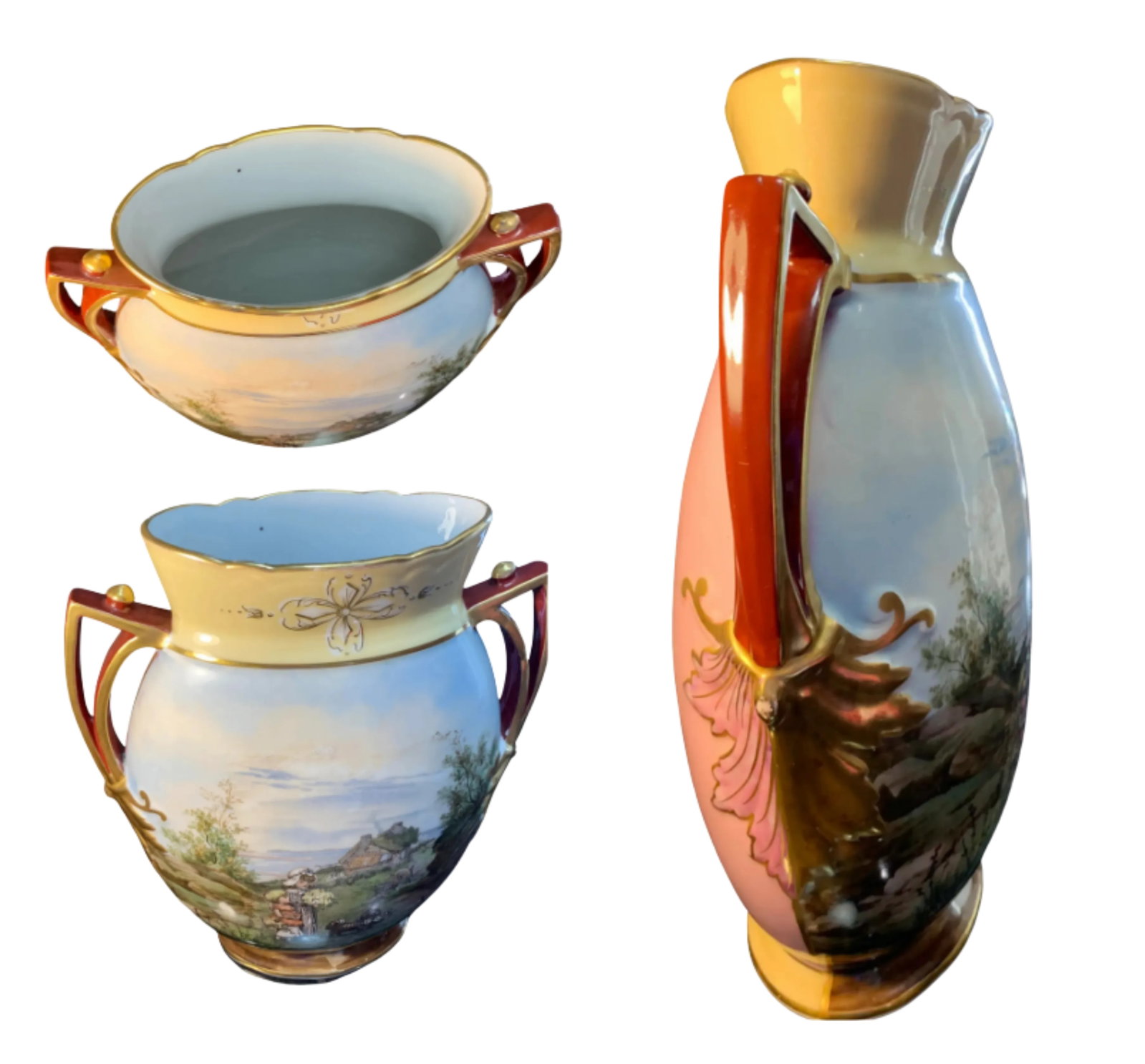 Antique Porcelain Floral and Windmill Vases Set of 3 - 15
