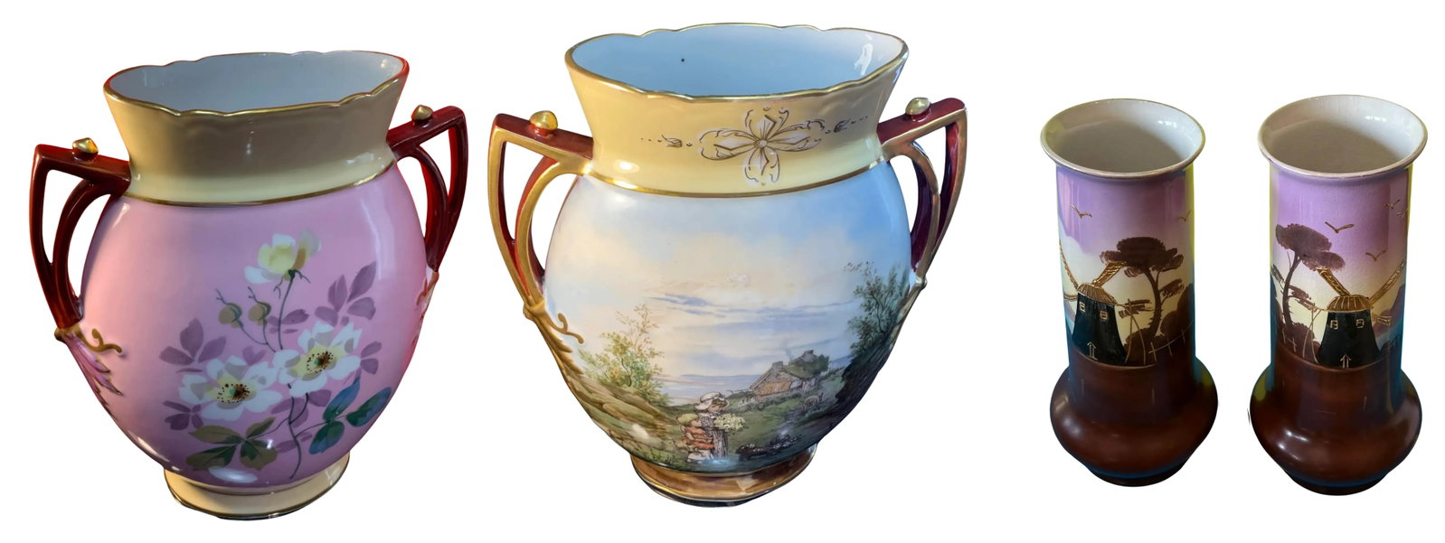 Antique Porcelain Floral and Windmill Vases Set of 3 - 16