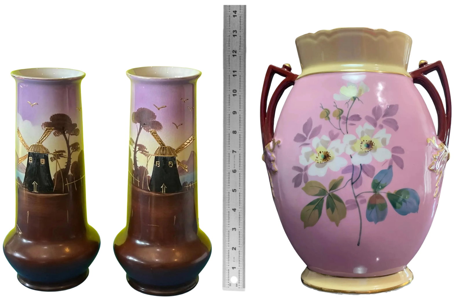 Antique Porcelain Floral and Windmill Vases Set of 3 - 18