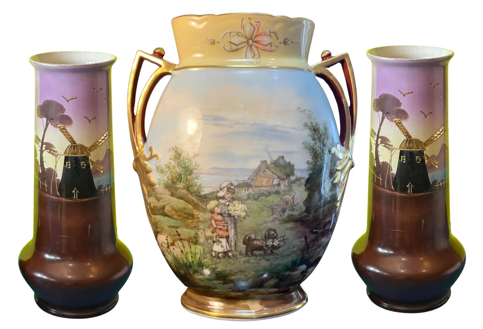 Antique Porcelain Floral and Windmill Vases Set of 3 - 3