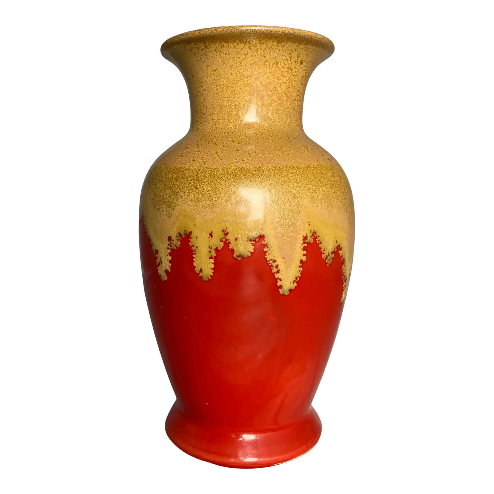 Vintage Drip Glaze Pottery Red Tan Vase: This handmade 12-inch drip glaze pottery vase is a striking fusion of artistry and tradition. Its silhouette is timeless—featuring a rounded, bulbous body that tapers into a thick neck before