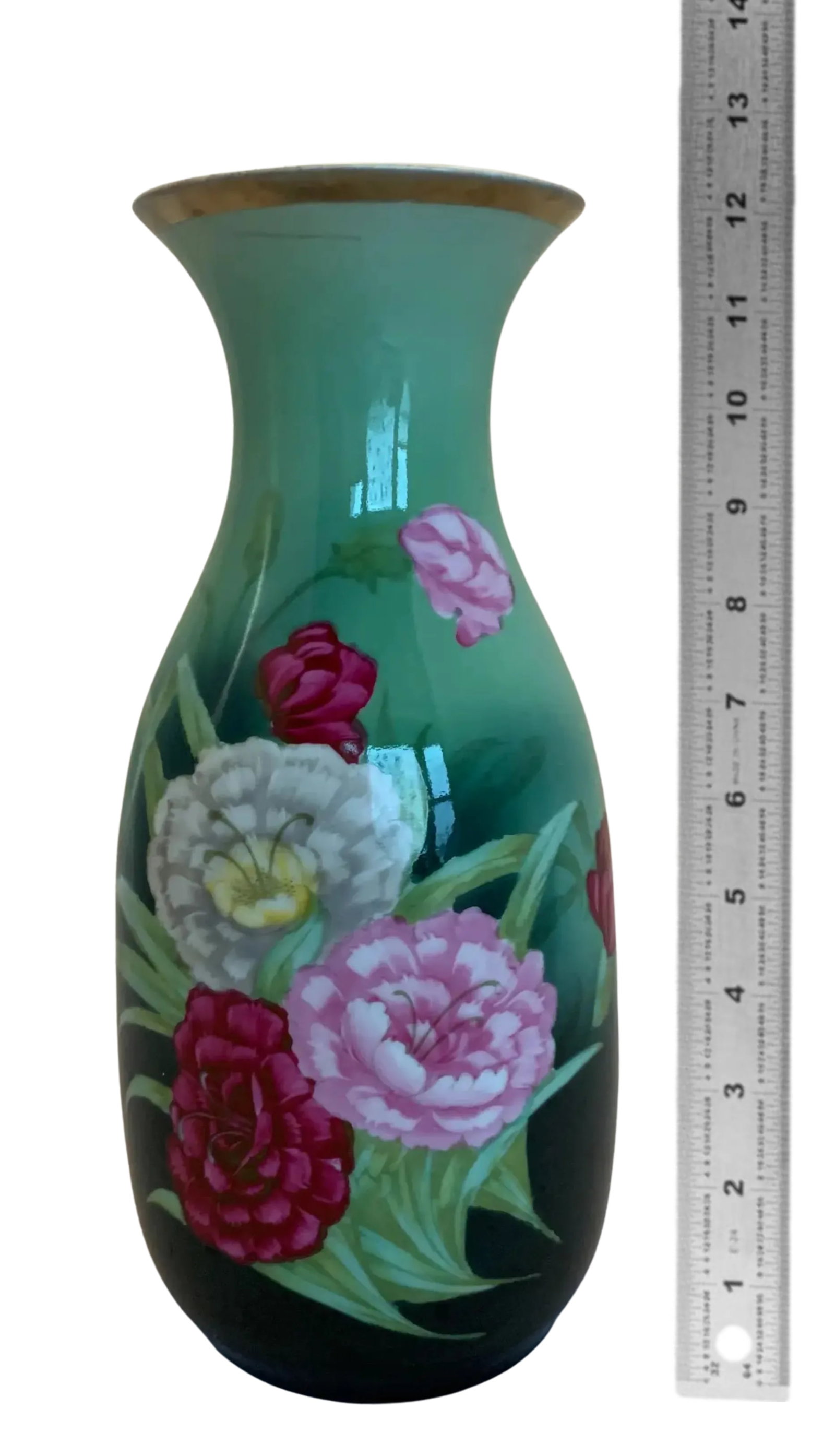 Antique Zeh, Scherzer & Co. German Green Porcelain Vase With Floral Motif - 18