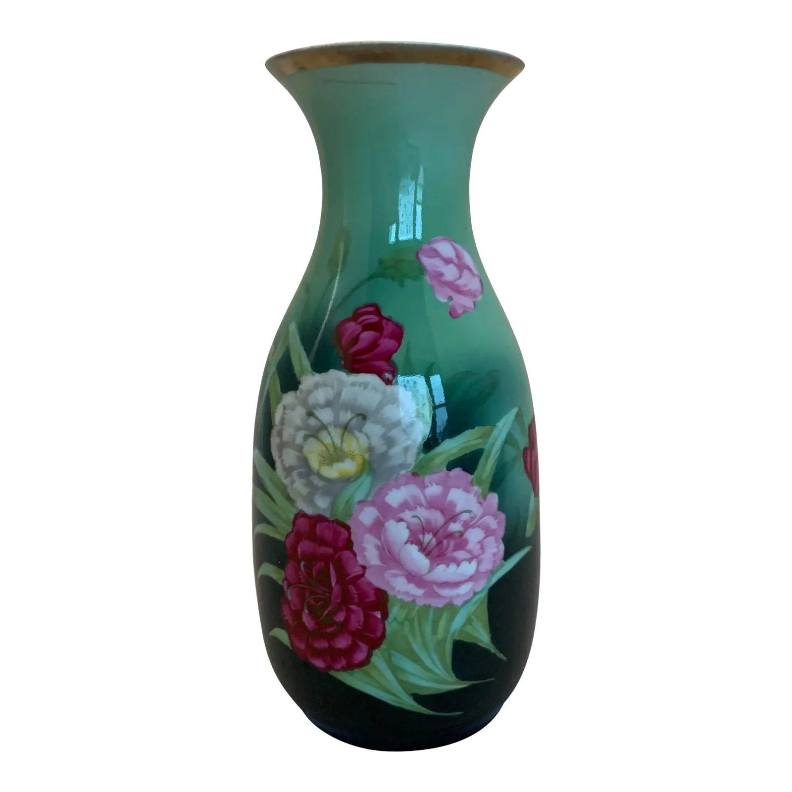 Antique Zeh, Scherzer & Co. German Green Porcelain Vase With Floral Motif: This elegant late 19th-century antique porcelain vase, standing 12 inches tall, was crafted and hand painted by the esteemed Zeh, Scherzer & Co. (Z. S. & C.) in Bavaria, Germany. It features a