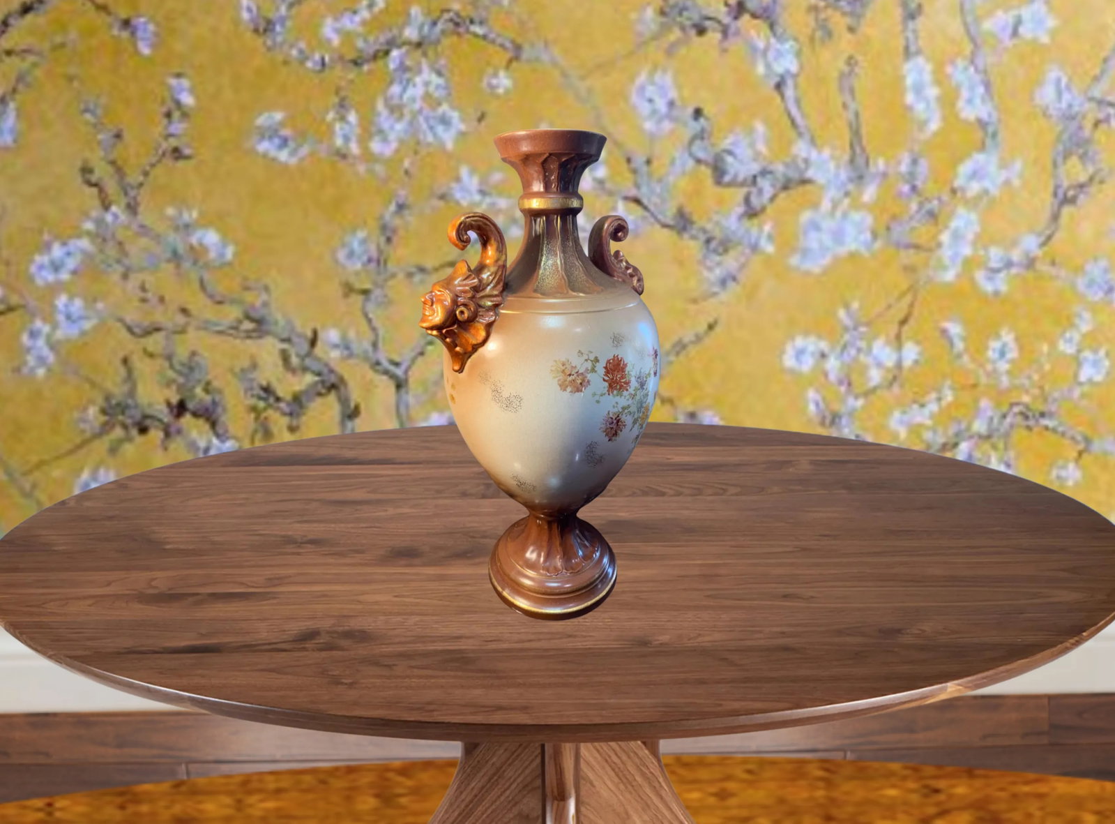 Antique Royal Worcester Style Floral Court Jester Mask Handles Porcelain Vase - 12