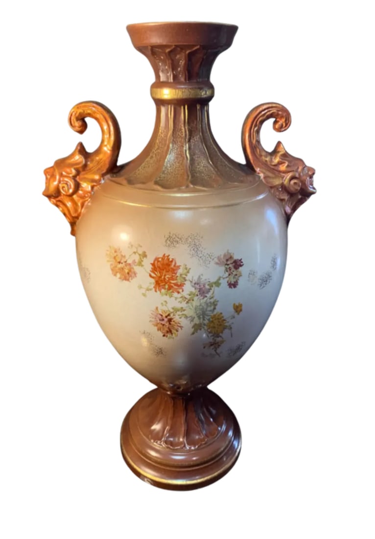 Antique Royal Worcester Style Floral Court Jester Mask Handles Porcelain Vase - 4