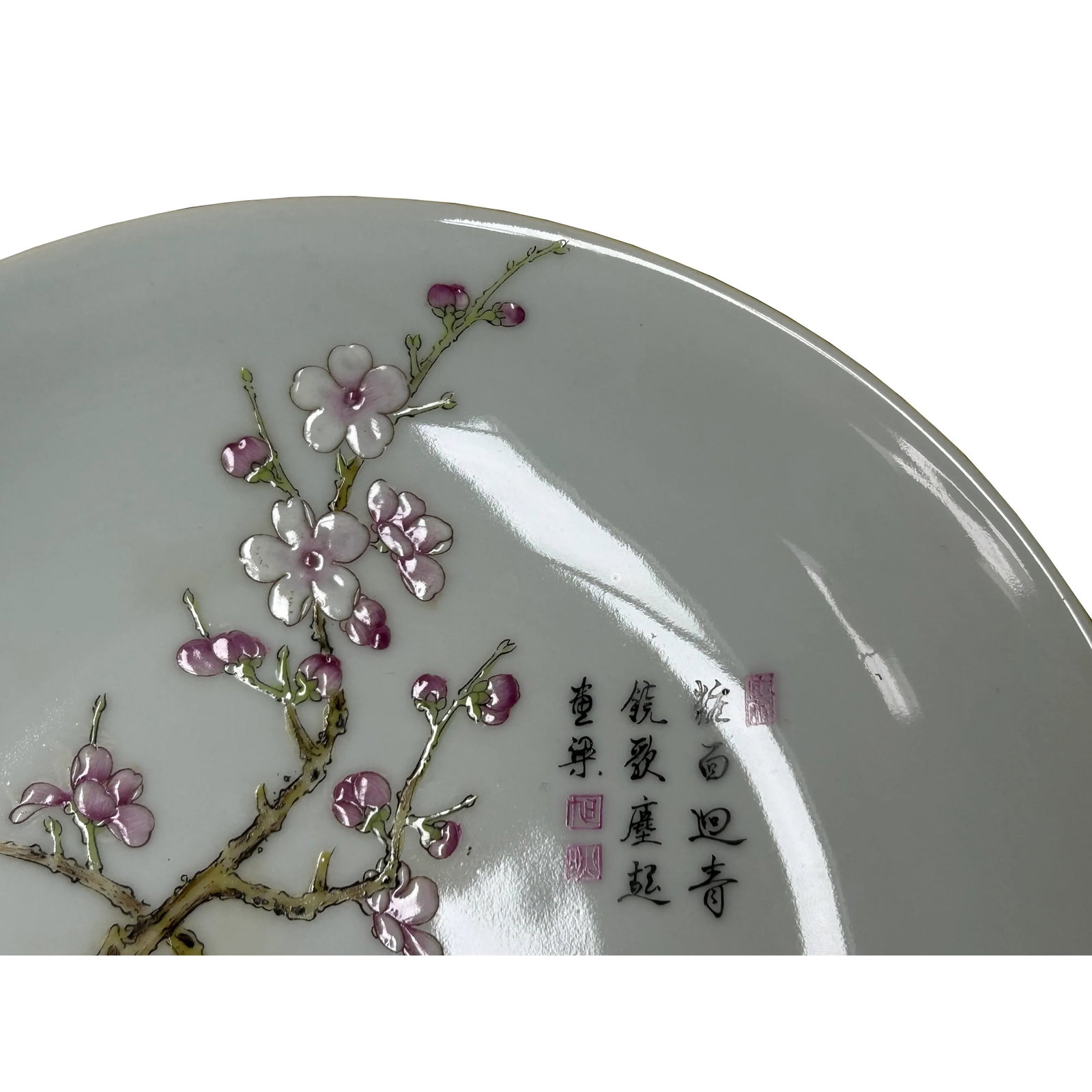 Chinese Pink Blossom Flower White Porcelain Plate Display Art - 9