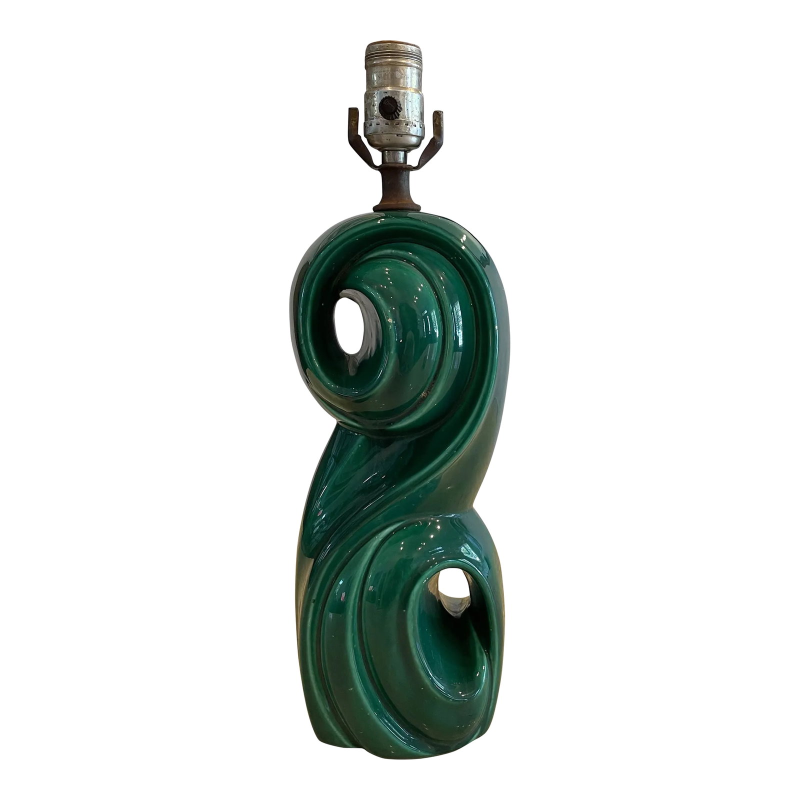 1940s Sculptural Green Glazed Ceramic Lamp – Late Art Deco Design: A stunning small-scale ceramic lamp from the late Art Deco period, dating to the 1940s. This beautifully sculptural piece features an organic scroll or wave form—an elegant shape that bridges