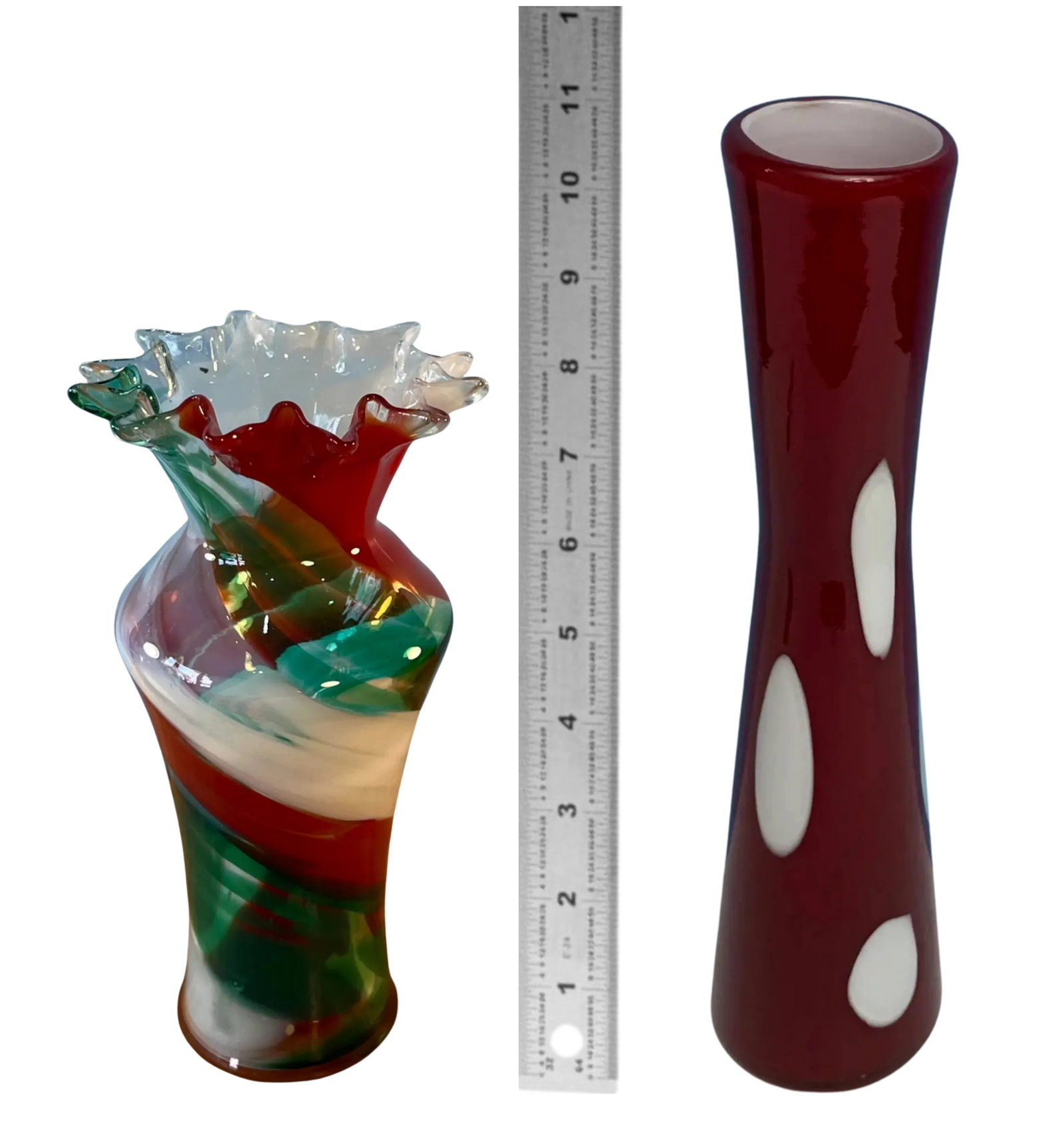 Art Glass Ribbon Swirl and Polka Dot Vase- A Pair - 18