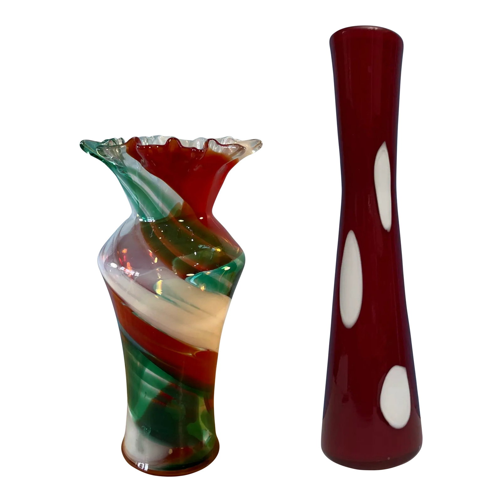 Art Glass Ribbon Swirl and Polka Dot Vase- A Pair (1 of 18)