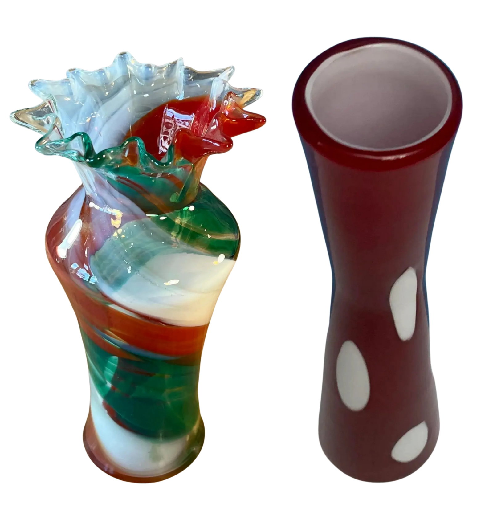 Art Glass Ribbon Swirl and Polka Dot Vase- A Pair - 3