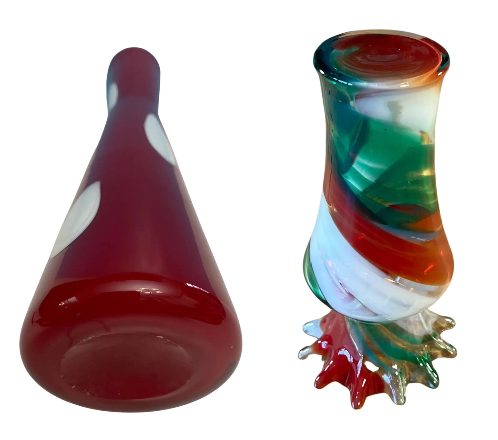 Art Glass Ribbon Swirl and Polka Dot Vase- A Pair - 5