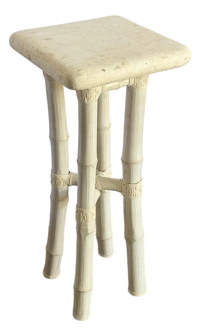 Boho Coastal Beige Bamboo Stone Top Pedestal/Side Table: Effortlessly blending natural textures and tropical elegance, this Boho Coastal pedestal table features a sculpted bamboo base in a breezy beige finish topped with a smooth stone slab. The organic