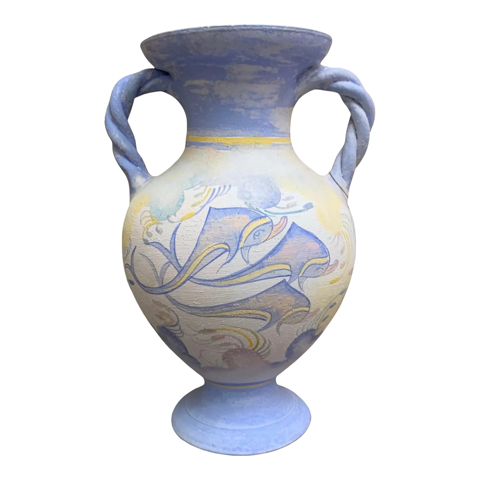 Vintage Minoan Dolphin Ceramic Braided Handle Vase: This handcrafted, 9-inch-tall ceramic vase is a remarkable reproduction of a Minoan vase from Crete, dating back to around 1500 BC. The design beautifully captures the elegance and distinctive style