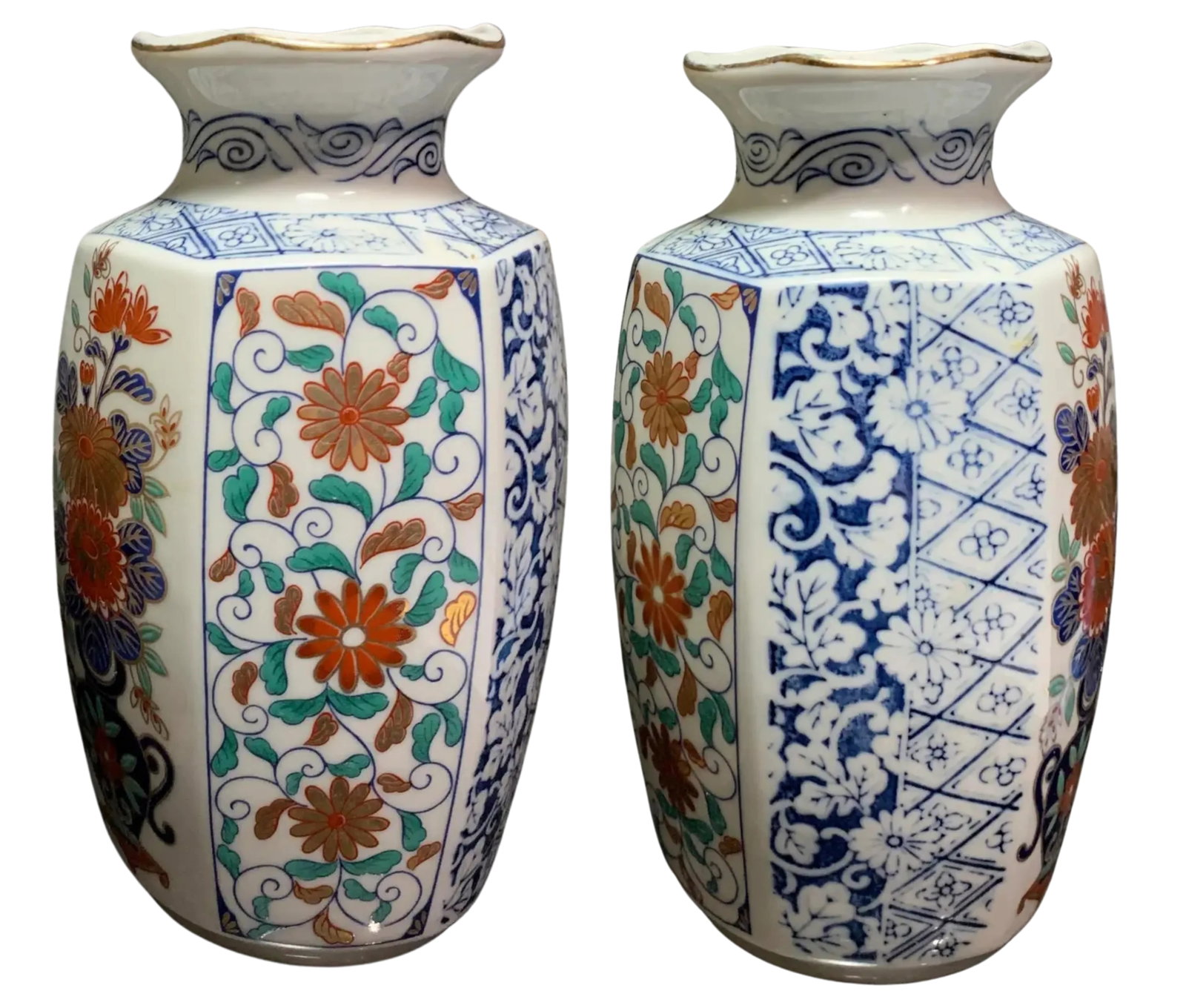 Vintage Imari and Satsuma Floral Porcelain Vase - A Pair - 12