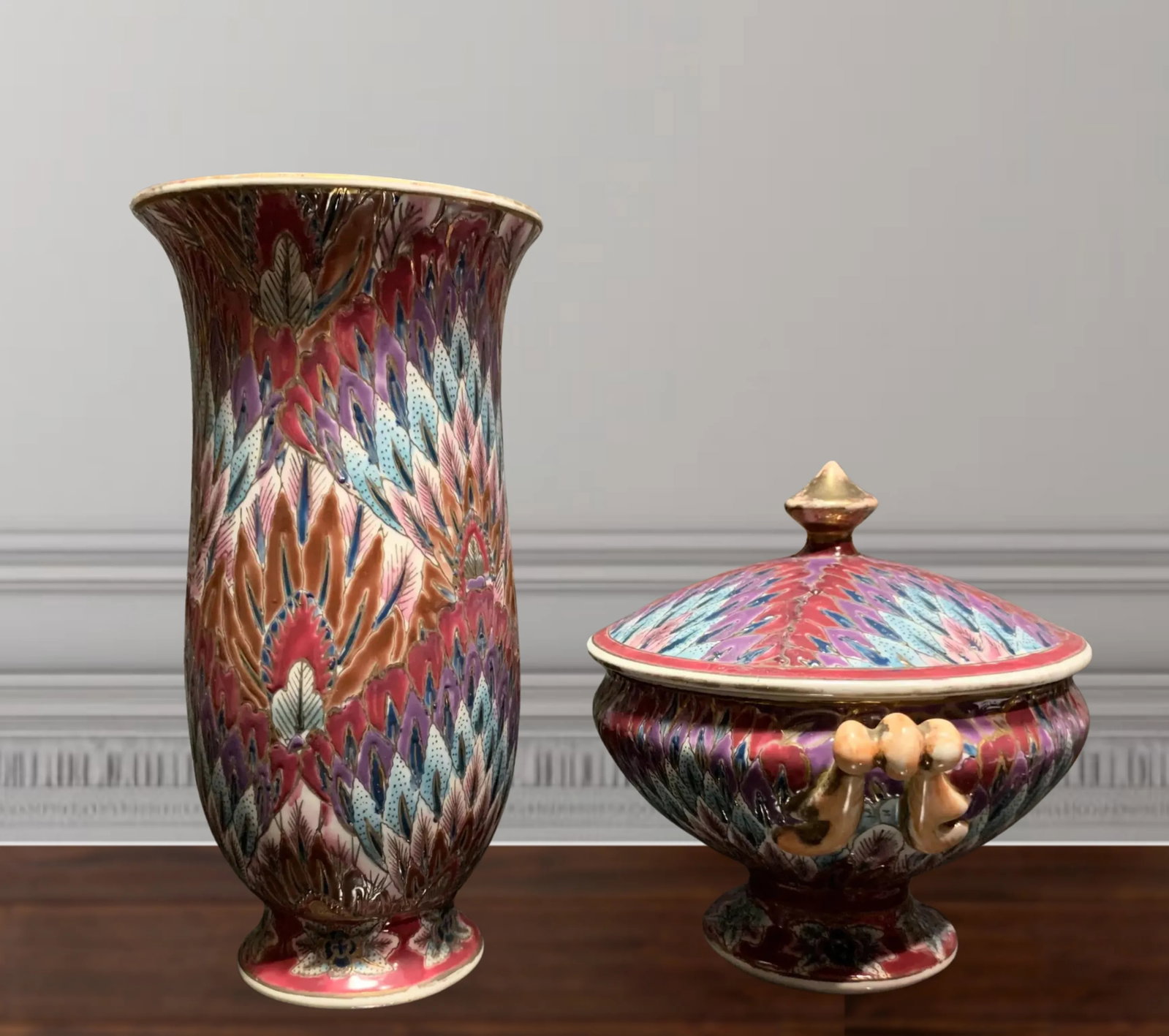 Toyo Pink Peacock Feather Pattern Porcelain Vase Container Set- A Pair - 11