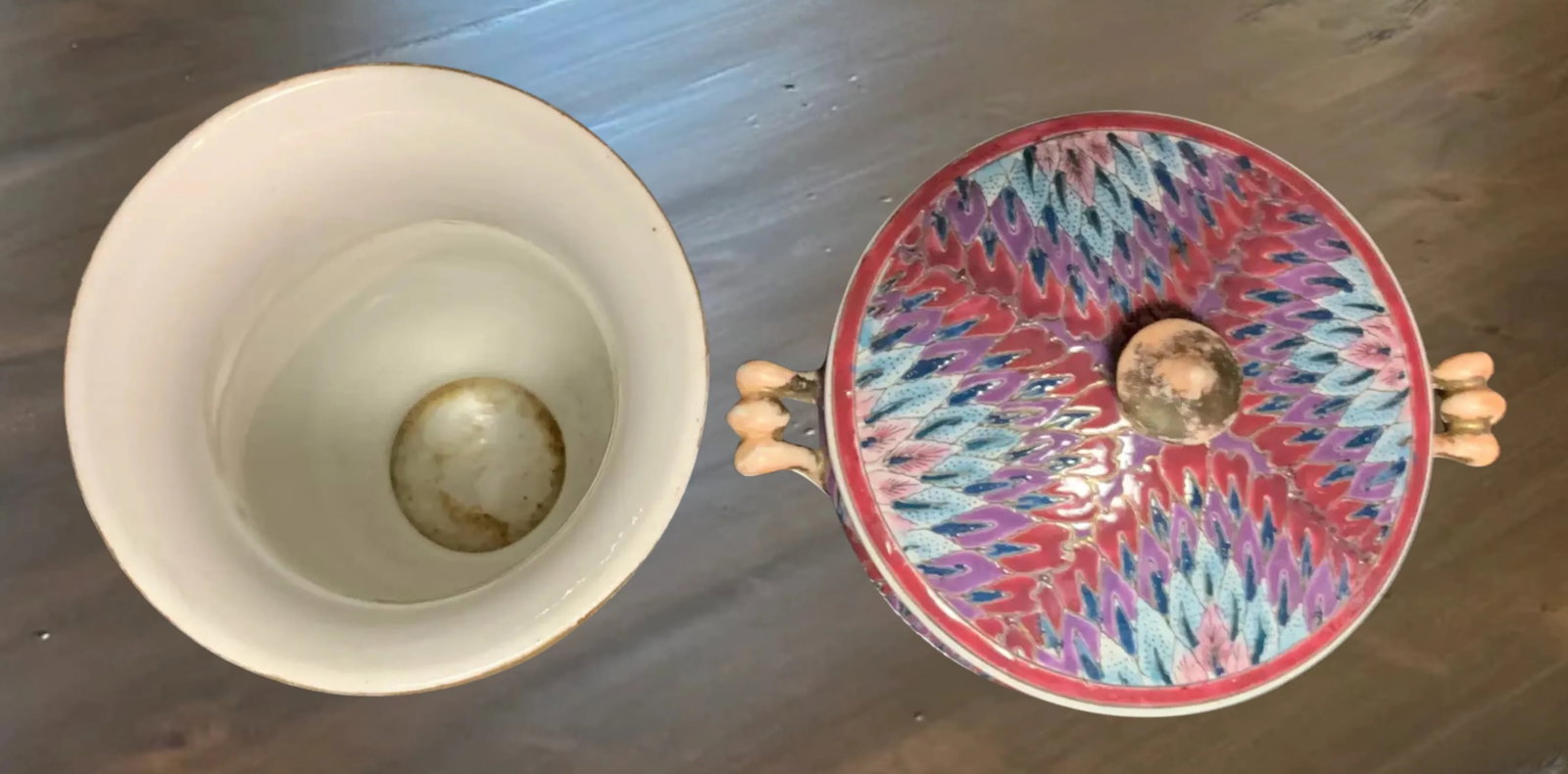 Toyo Pink Peacock Feather Pattern Porcelain Vase Container Set- A Pair - 15