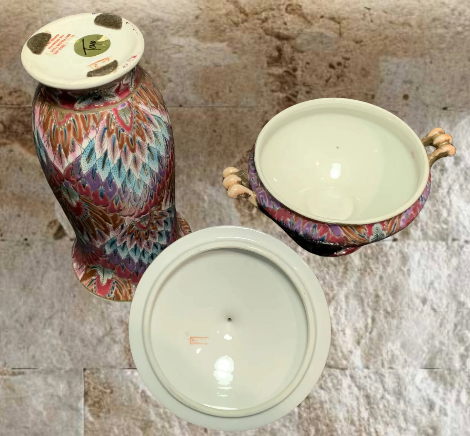 Toyo Pink Peacock Feather Pattern Porcelain Vase Container Set- A Pair - 16
