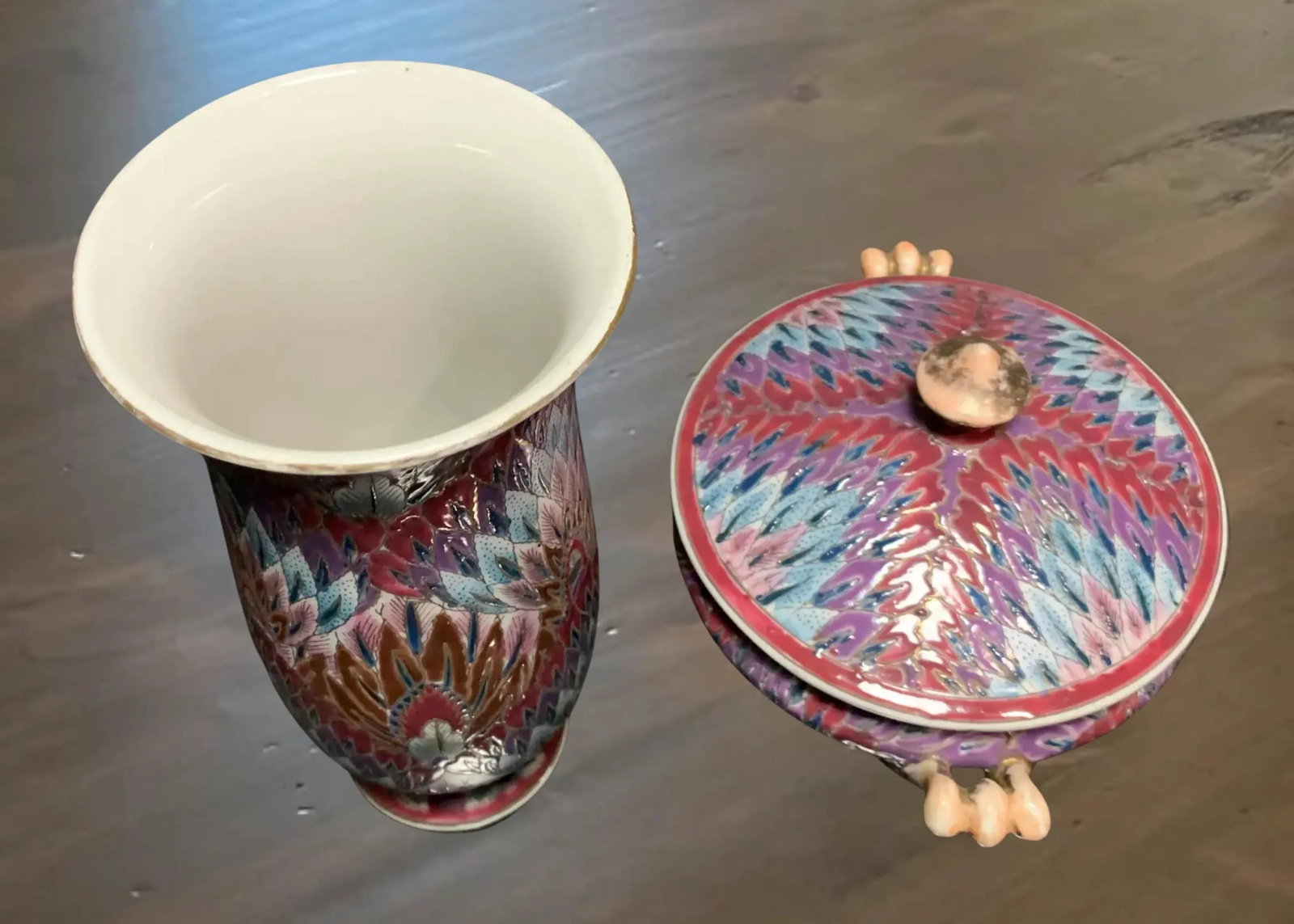 Toyo Pink Peacock Feather Pattern Porcelain Vase Container Set- A Pair - 17