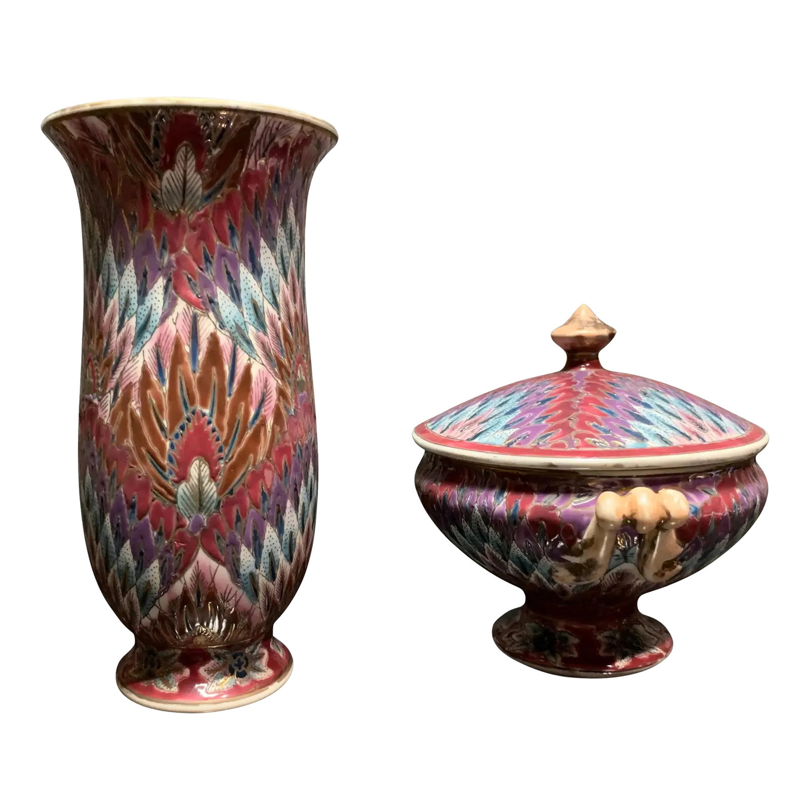 Toyo Pink Peacock Feather Pattern Porcelain Vase Container Set- A Pair: This porcelain set is from the Toyo Importing Company. It consists of an 8 1/2-inch-tall porcelain vase and a 6 inch tall covered candy dish, both crafted by artisans in Japan. The vase has a curvy,