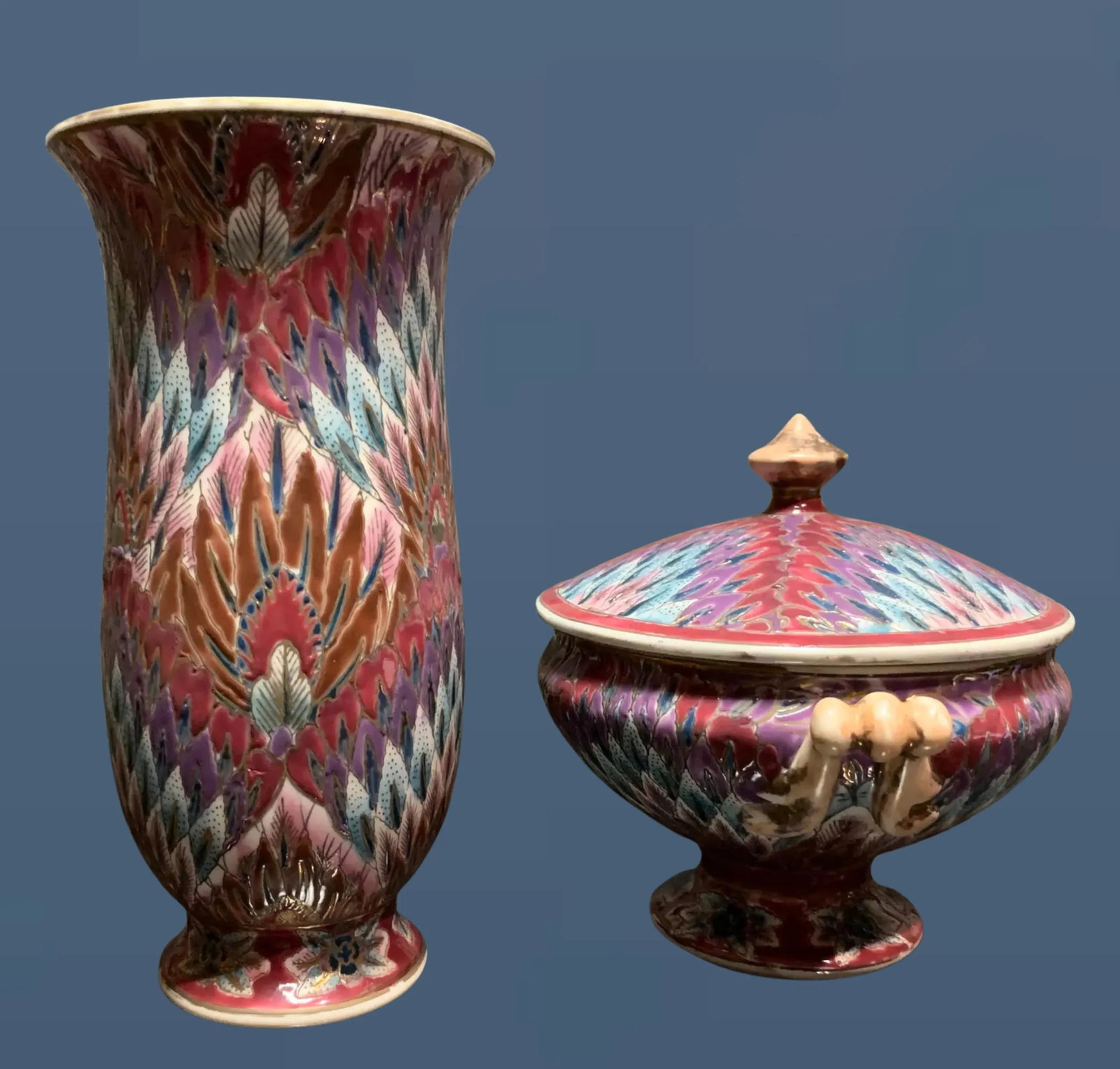 Toyo Pink Peacock Feather Pattern Porcelain Vase Container Set- A Pair - 5