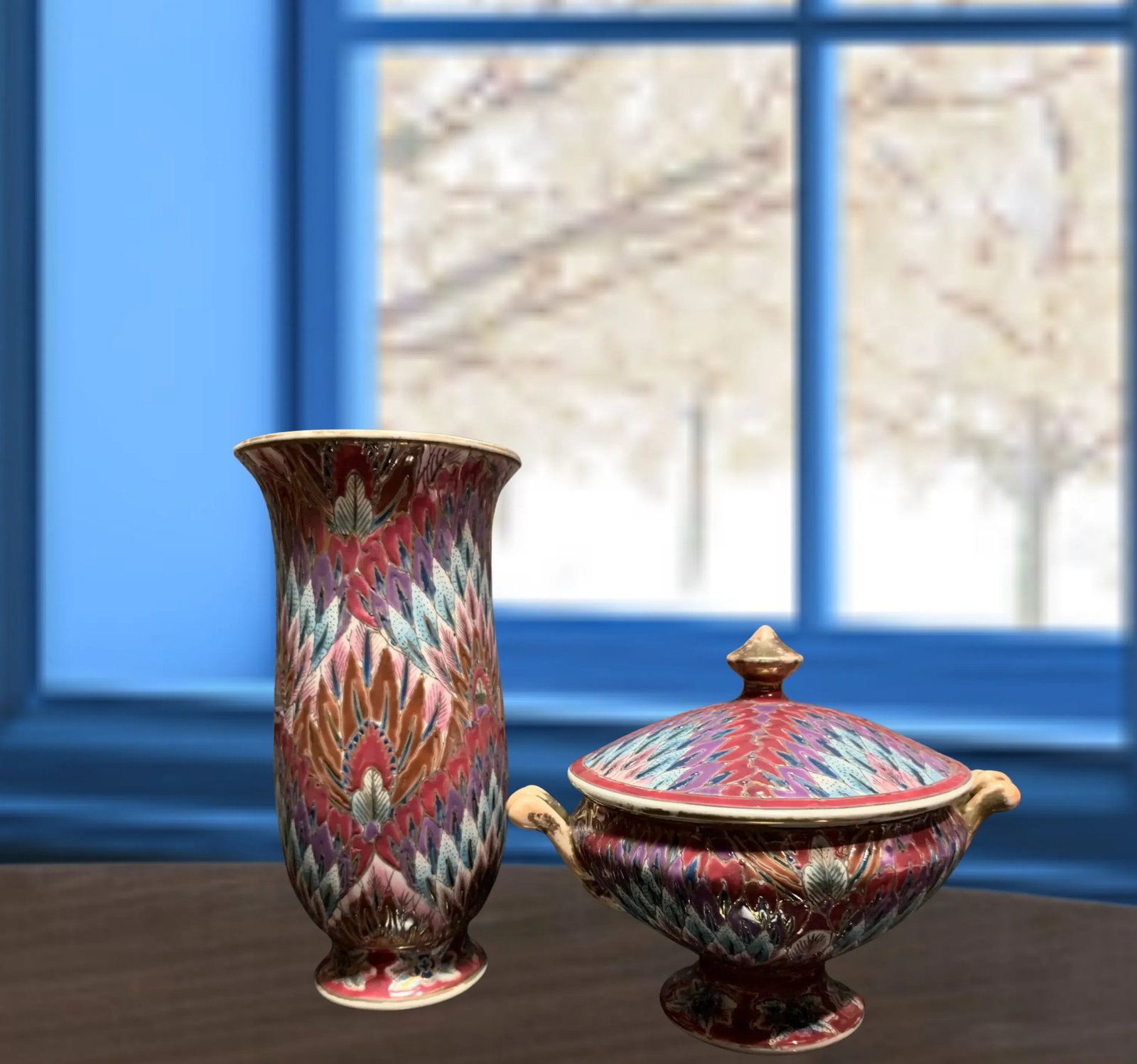 Toyo Pink Peacock Feather Pattern Porcelain Vase Container Set- A Pair - 9
