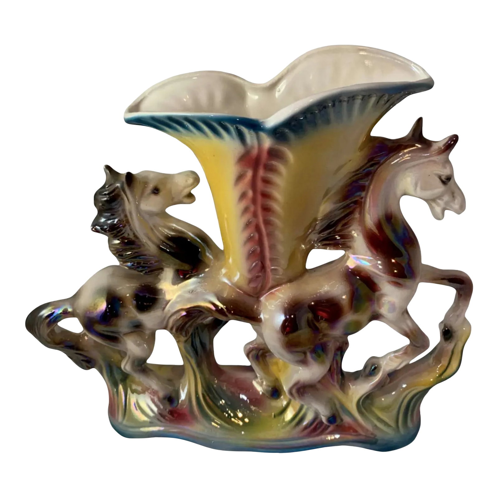 Mid-Century Italian Porcelain Galloping Horses Tulip Vase: Handcrafted by Italian artisans in the mid-century period, this porcelain vase commands attention with its generous proportions—11 Â¾ inches tall and 14 inches wide—and a