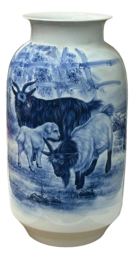 Chinese Blue White Handpaint San Yang Kai Tai Scenery Porcelain Vase: This magnificent porcelain vase is a testament to the enduring beauty of traditional Chinese artistry, reinterpreted for the modern connoisseur. Adorned with a captivating blue and white motif, the