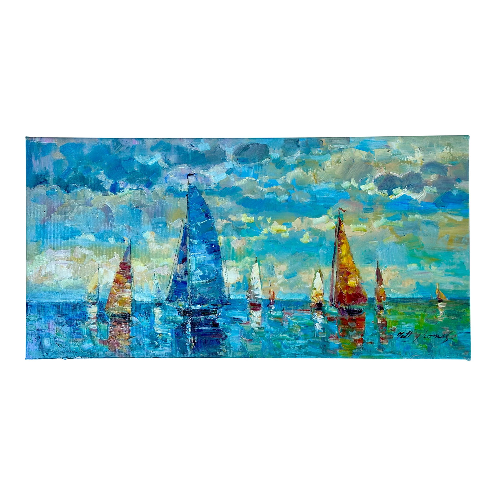 Coastal Sailboats Oil Painting by Matt Thomas: Original oil on canvas by Matt Thomas. Unframed., Dimensions: 12 x 24". Canvas has been stretched on stretcher bars - ready to hang or custom frame. Please note: If you purchase multiple items, we'll