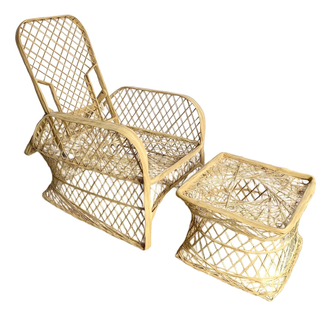 Mid Century Modern Spun Fiber Glass Adjustable Lounge Chair With Ottoman: Breezy and sculptural, this mid-century modern spun fiberglass lounge chair with matching ottoman offers airy elegance and versatile comfort. Its diamond-pattern frame curves gracefully, while the