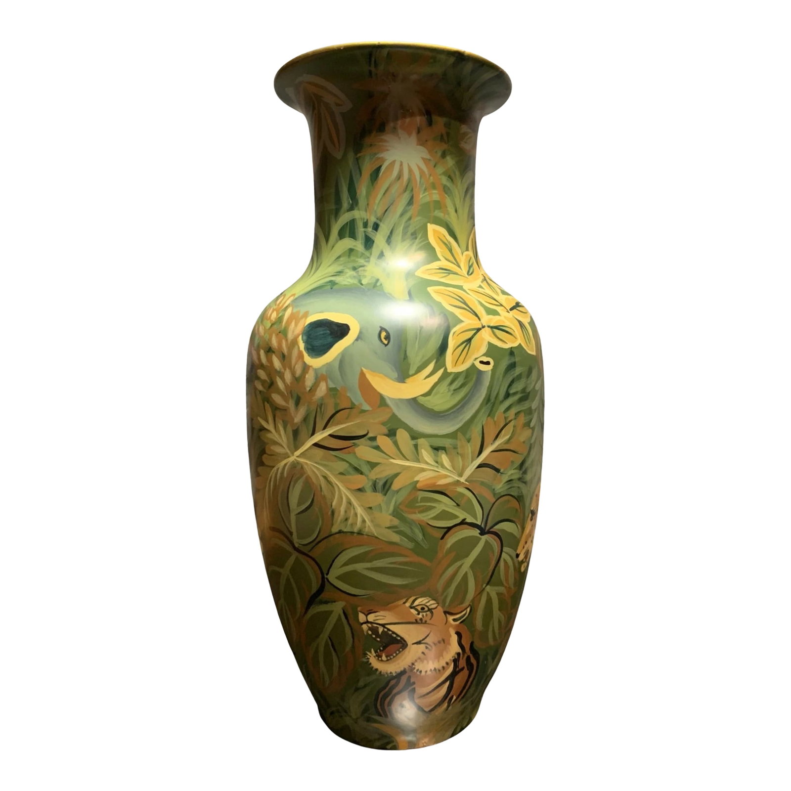 Large Vintage Hand Painted Jungle Ceramic Vase: Standing at an impressive 17½ inches tall and 8½ inches wide, this Garcia Imports ceramic vase commands attention with its vivid hand-painted jungle tableau. The vase has an Oval bulbous