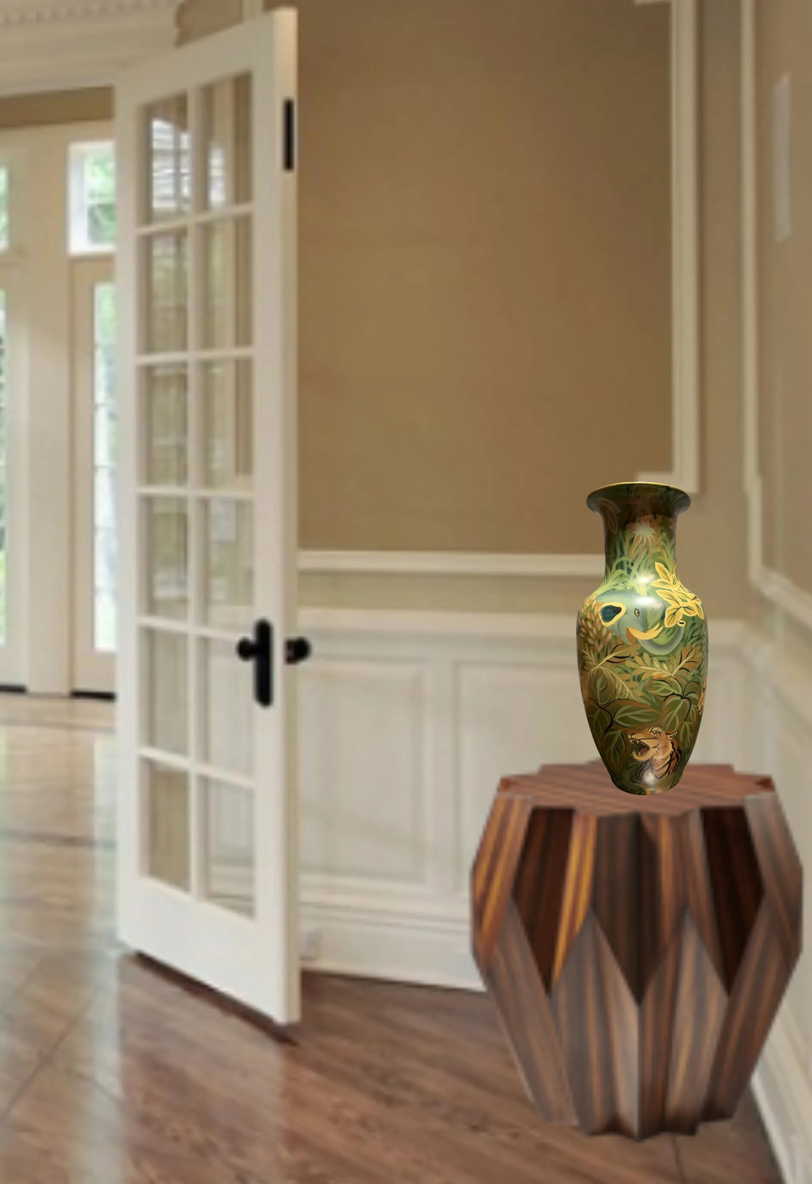 Large Vintage Hand Painted Jungle Ceramic Vase - 8