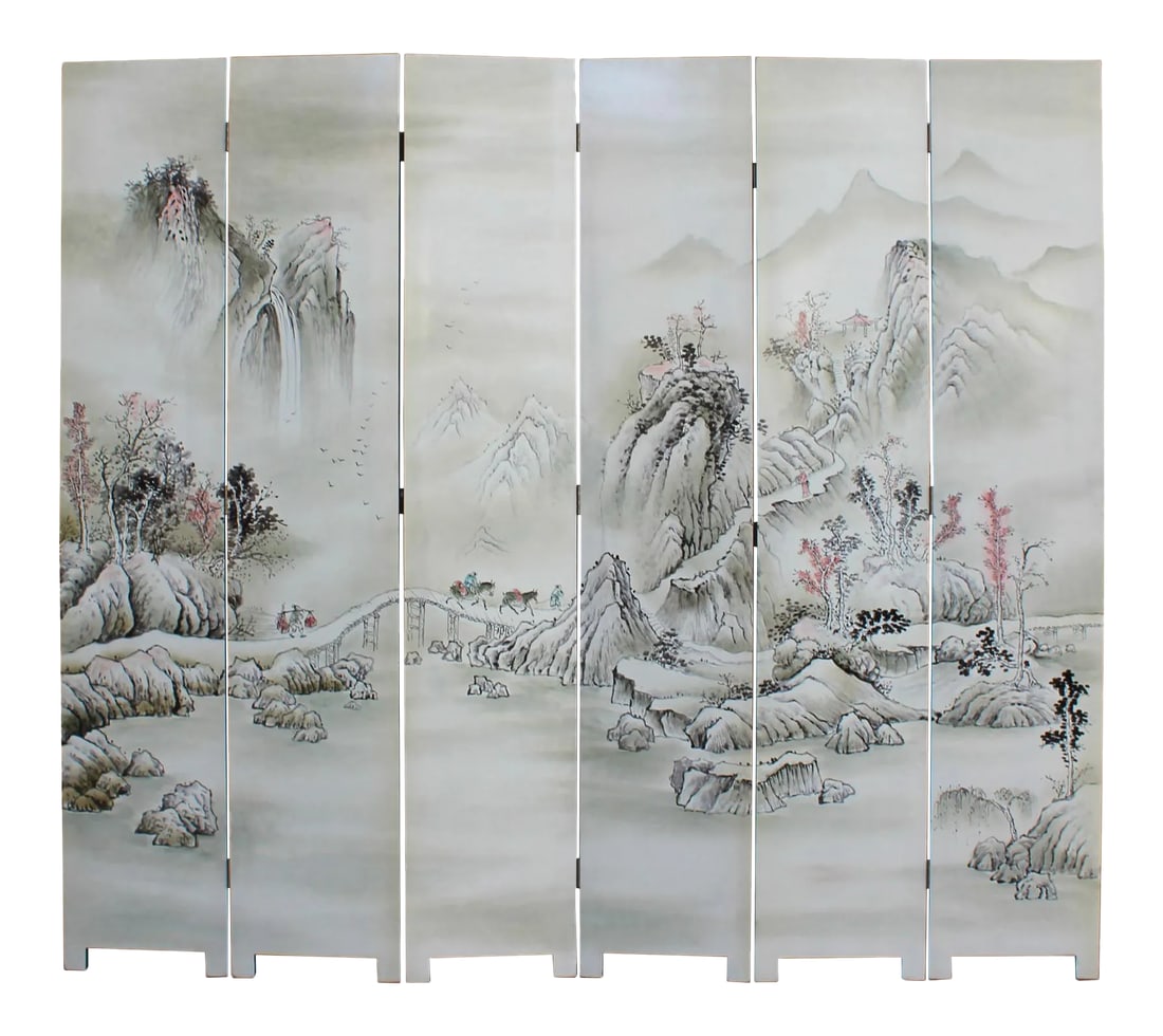 Off White Base Oriental Mountain Trees Scenery Theme Graphic Screen: This is a floor screen made of wood and cover with a veneer which is printed with a graphic of oriental drawing style mountain trees scenery. Dimensions: w96" x h84" thickness 1" approx 90lbs Origin: