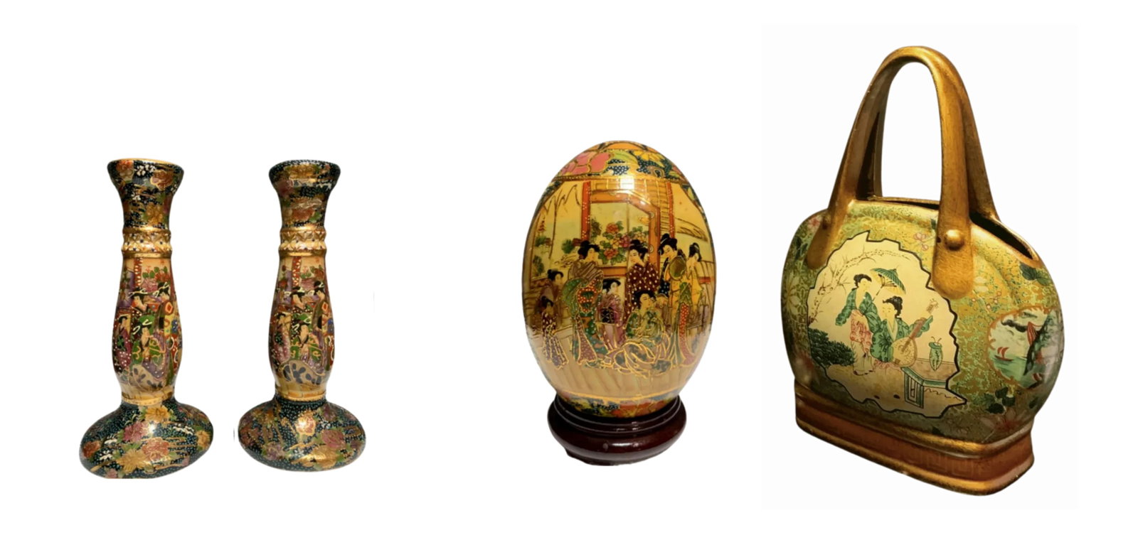 Satsuma Ceramic Vase and Candle Holders, Orb and Purse Vase - A Set - 16