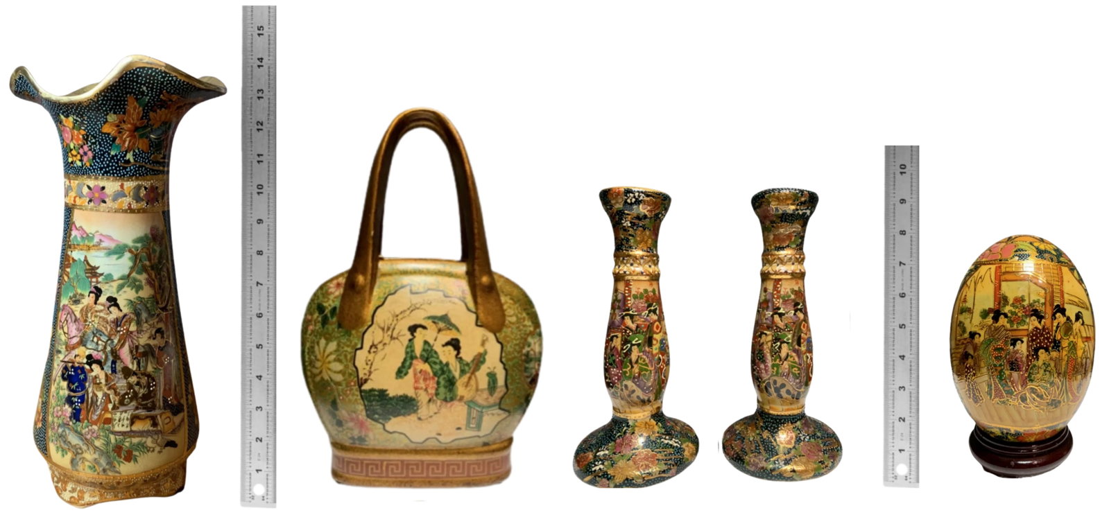 Satsuma Ceramic Vase and Candle Holders, Orb and Purse Vase - A Set - 18
