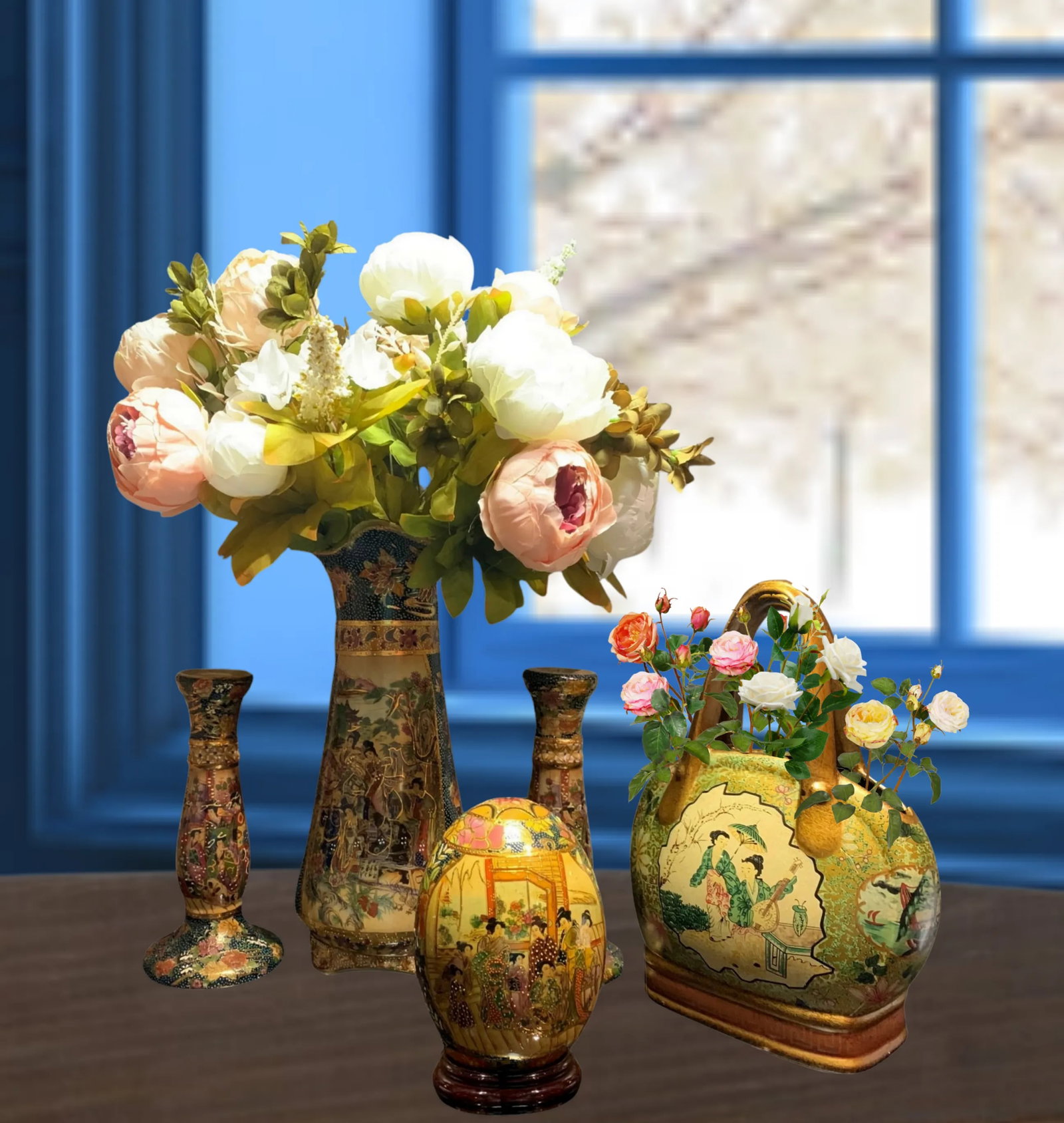 Satsuma Ceramic Vase and Candle Holders, Orb and Purse Vase - A Set - 4