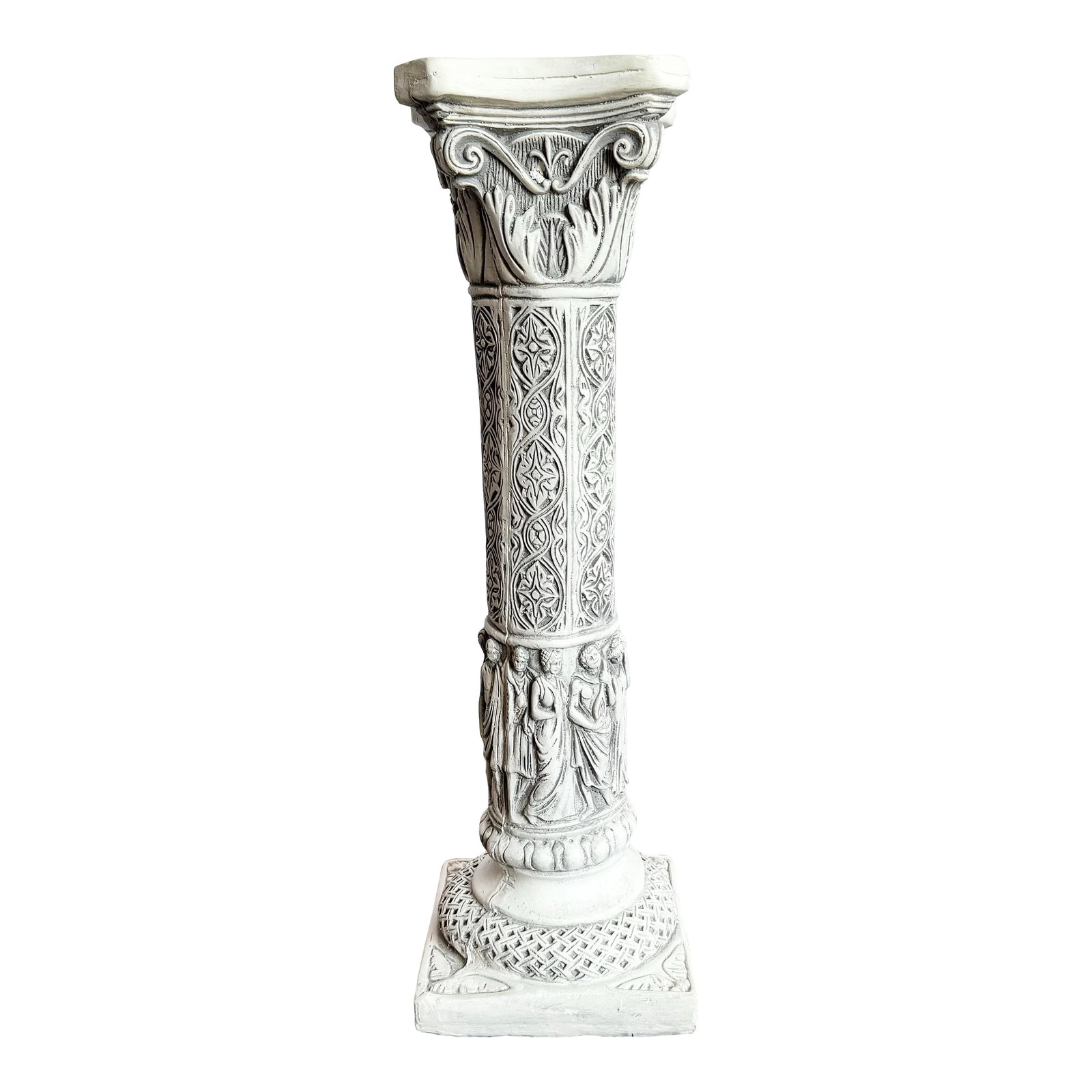 Vintage Casted Plaster "9 Muses" Pedestal: This vintage casted plaster pedestal, known as the "9 Muses," beautifully embodies classical artistry and timeless design. The column is adorned with intricate relief carvings, including detailed